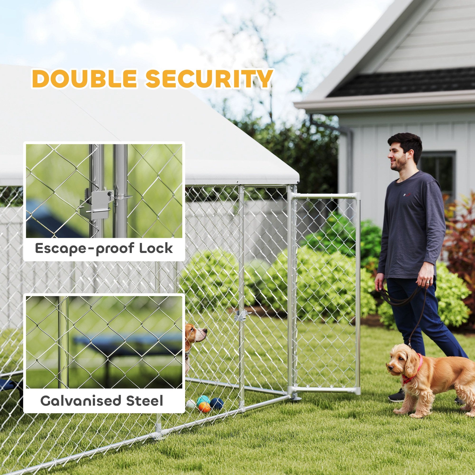 PawHut Outdoor Dog Kennel with Roof, Heavy Duty Galvanized Steel Dog Run Chain Link w/ Waterproof UV-Resistant Cover, Safety Lockable Latch System, 9.2' x 7.5' x 7.2'