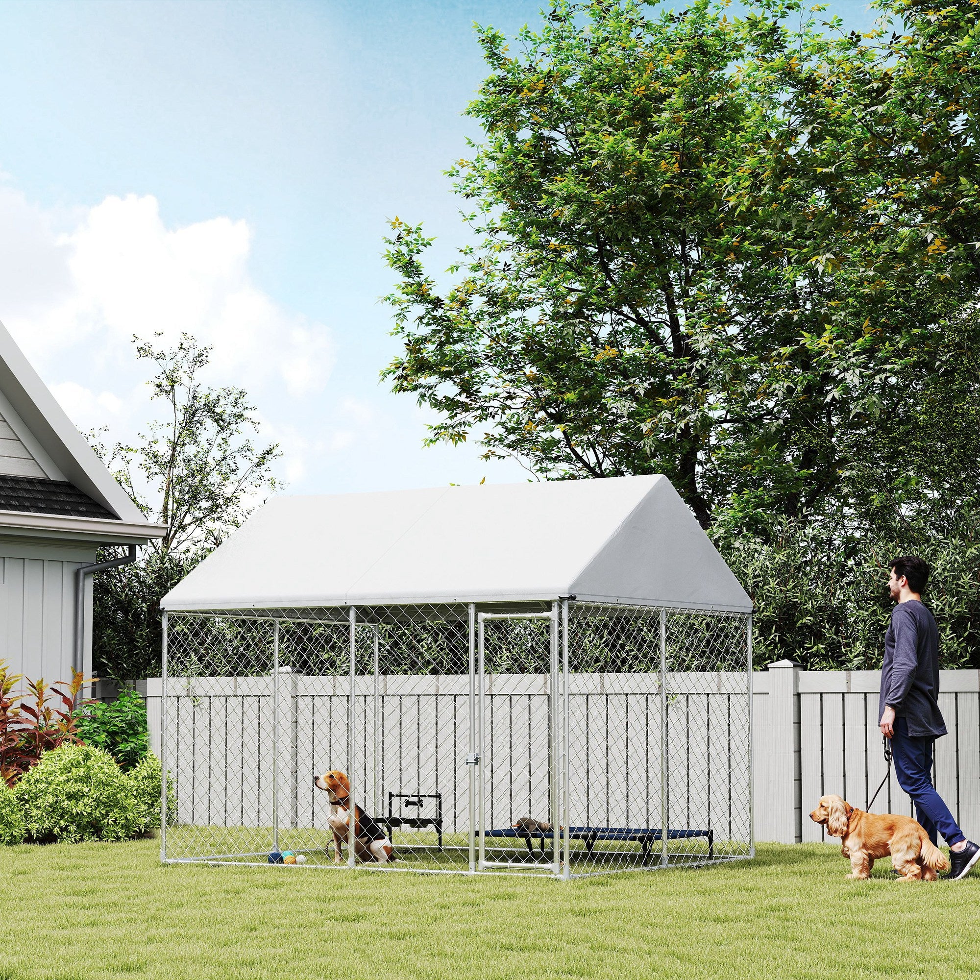 PawHut Outdoor Dog Kennel with Roof, Heavy Duty Galvanized Steel Dog Run Chain Link w/ Waterproof UV-Resistant Cover, Safety Lockable Latch System, 9.2' x 7.5' x 7.2'