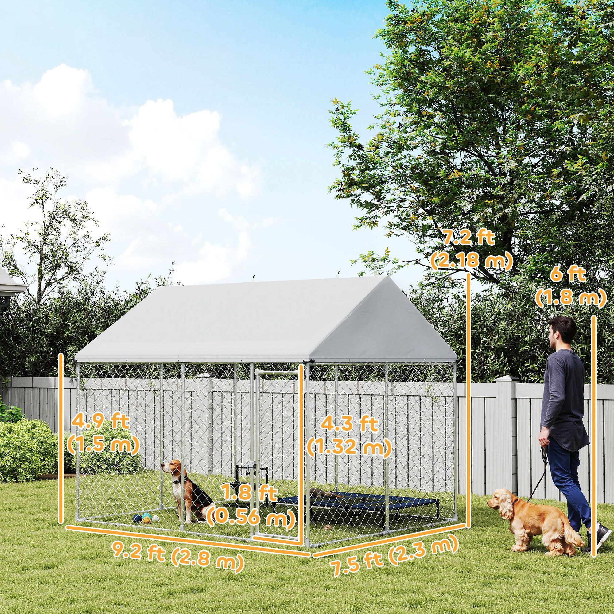 PawHut Outdoor Dog Kennel with Roof, Heavy Duty Galvanized Steel Dog Run Chain Link w/ Waterproof UV-Resistant Cover, Safety Lockable Latch System, 9.2' x 7.5' x 7.2'