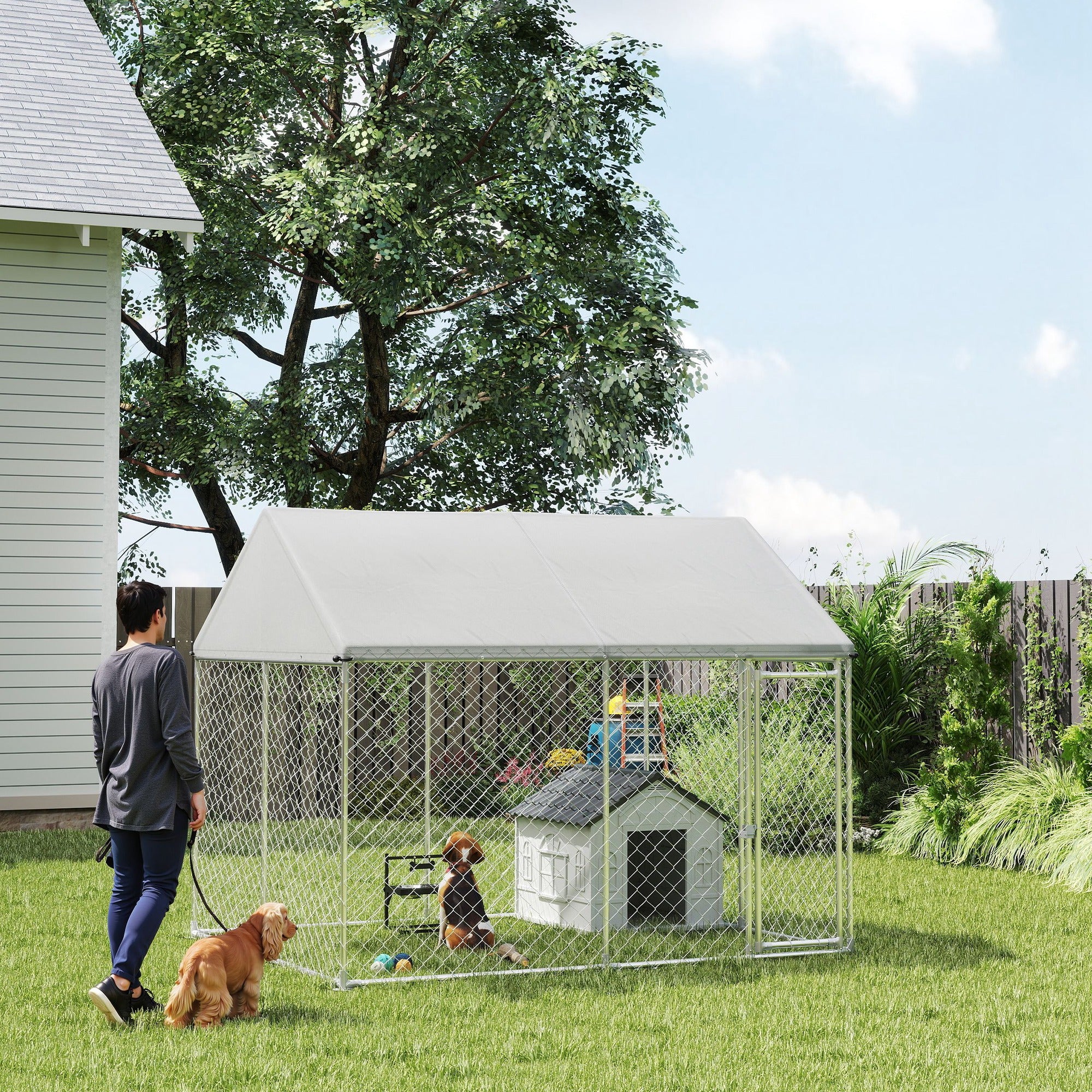 PawHut Outdoor Dog Kennel with Roof, Heavy Duty Galvanized Steel Dog Run Chain Link w/ Waterproof UV-Resistant Cover, Safety Lockable Latch System, 9.2' x 7.5' x 7.2'