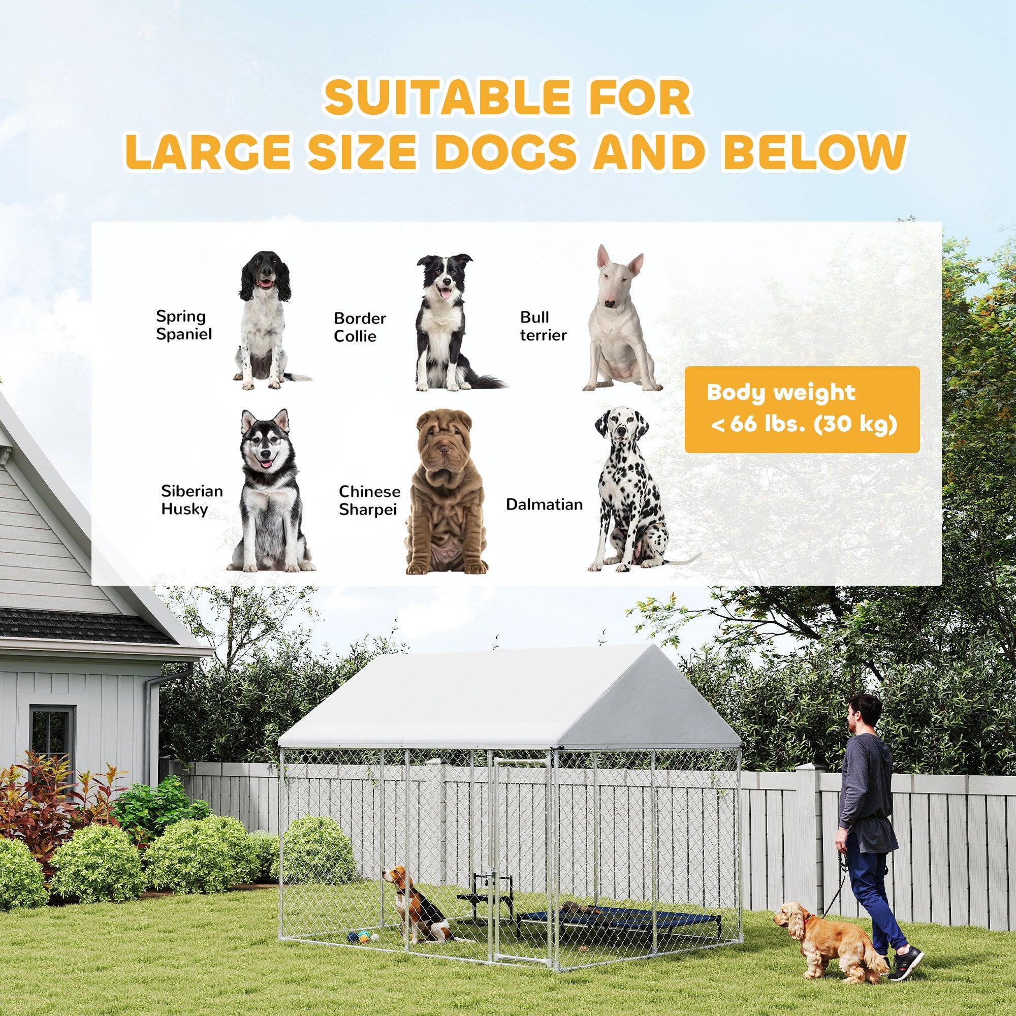 PawHut Outdoor Dog Kennel with Roof, Heavy Duty Galvanized Steel Dog Run Chain Link w/ Waterproof UV-Resistant Cover, Safety Lockable Latch System, 9.2' x 7.5' x 7.2'