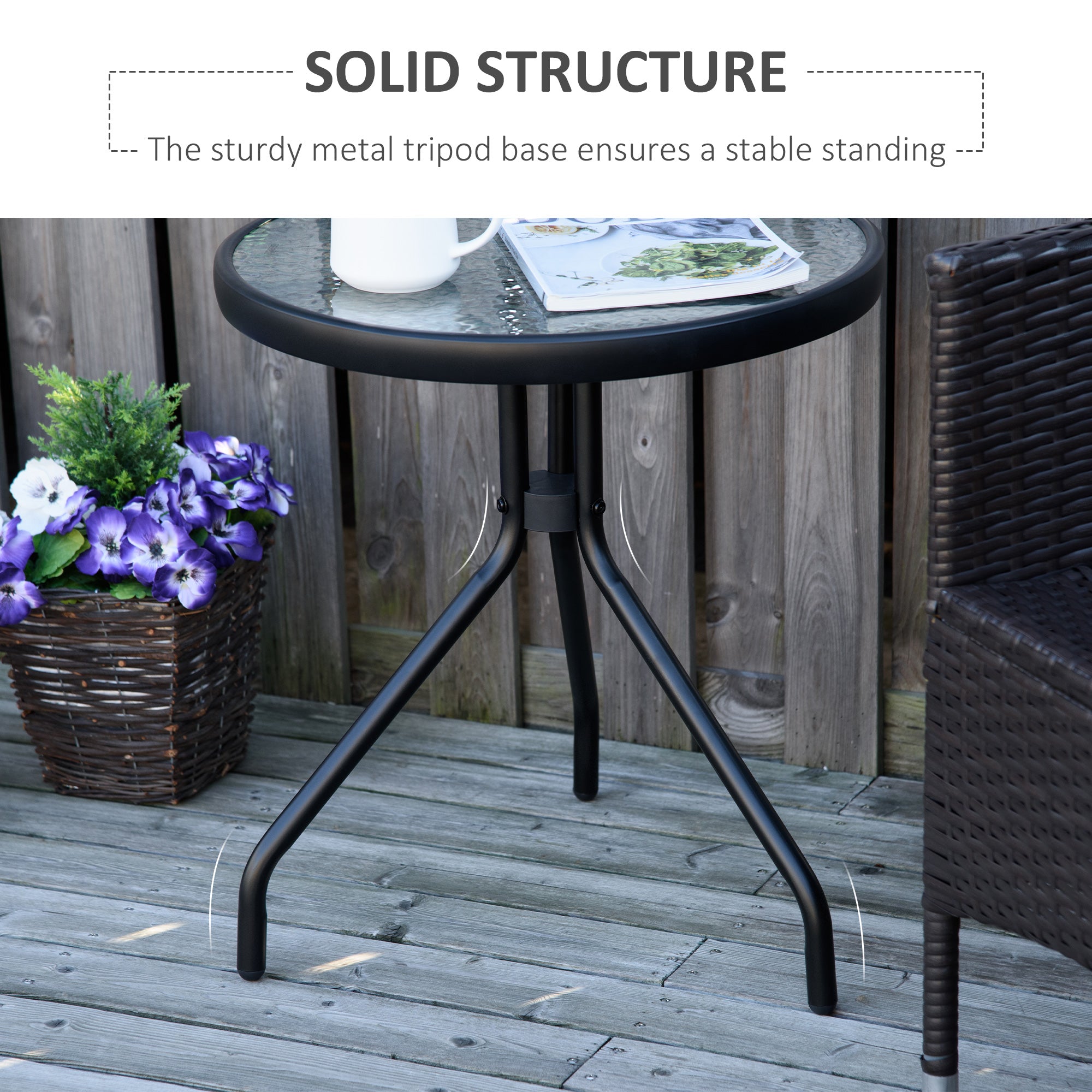 Outsunny Outdoor Side Table, 20" Round End Table, Bistro Table with Tempered Glass Top for Patio, Garden, Balcony, Poolside, Black