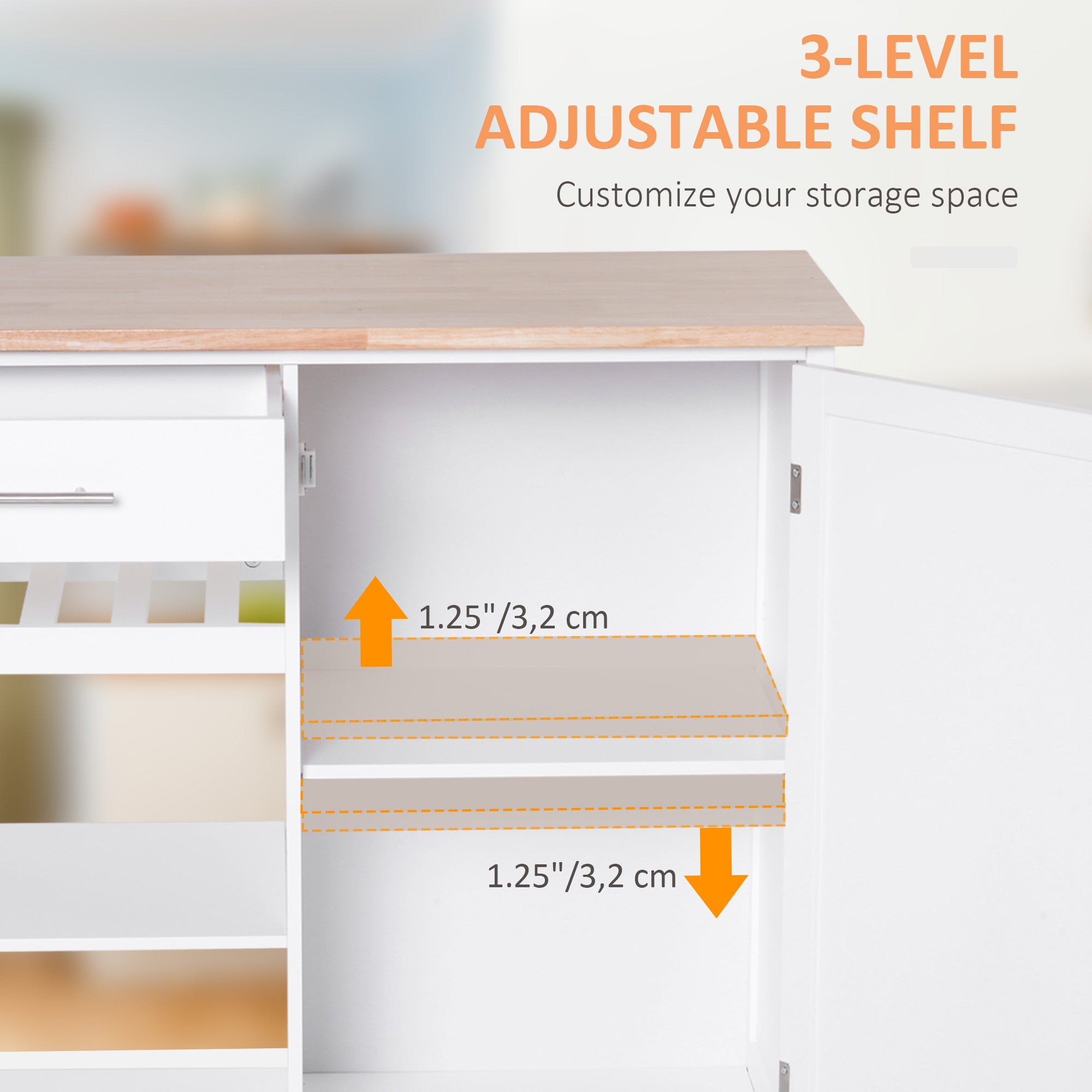 HOMCOM 4-Tier Rolling Kitchen Island Utility Trolley Serving Cart Kitchen Storage Cart w/ Towel Rack, Butcher Block Countertop, Cabinet, Drawer, Shelves, White
