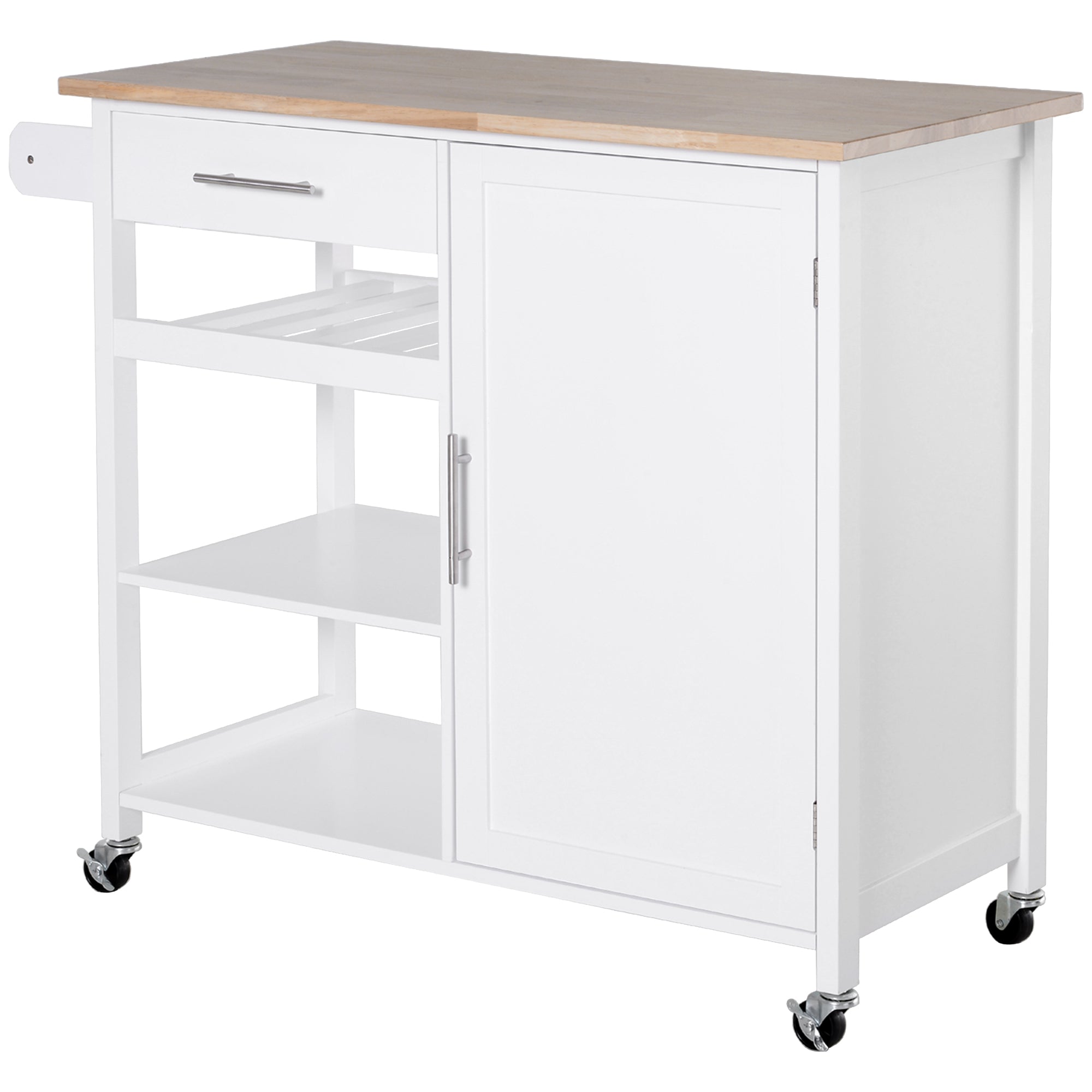 HOMCOM 4-Tier Rolling Kitchen Island Utility Trolley Serving Cart Kitchen Storage Cart w/ Towel Rack, Butcher Block Countertop, Cabinet, Drawer, Shelves, White