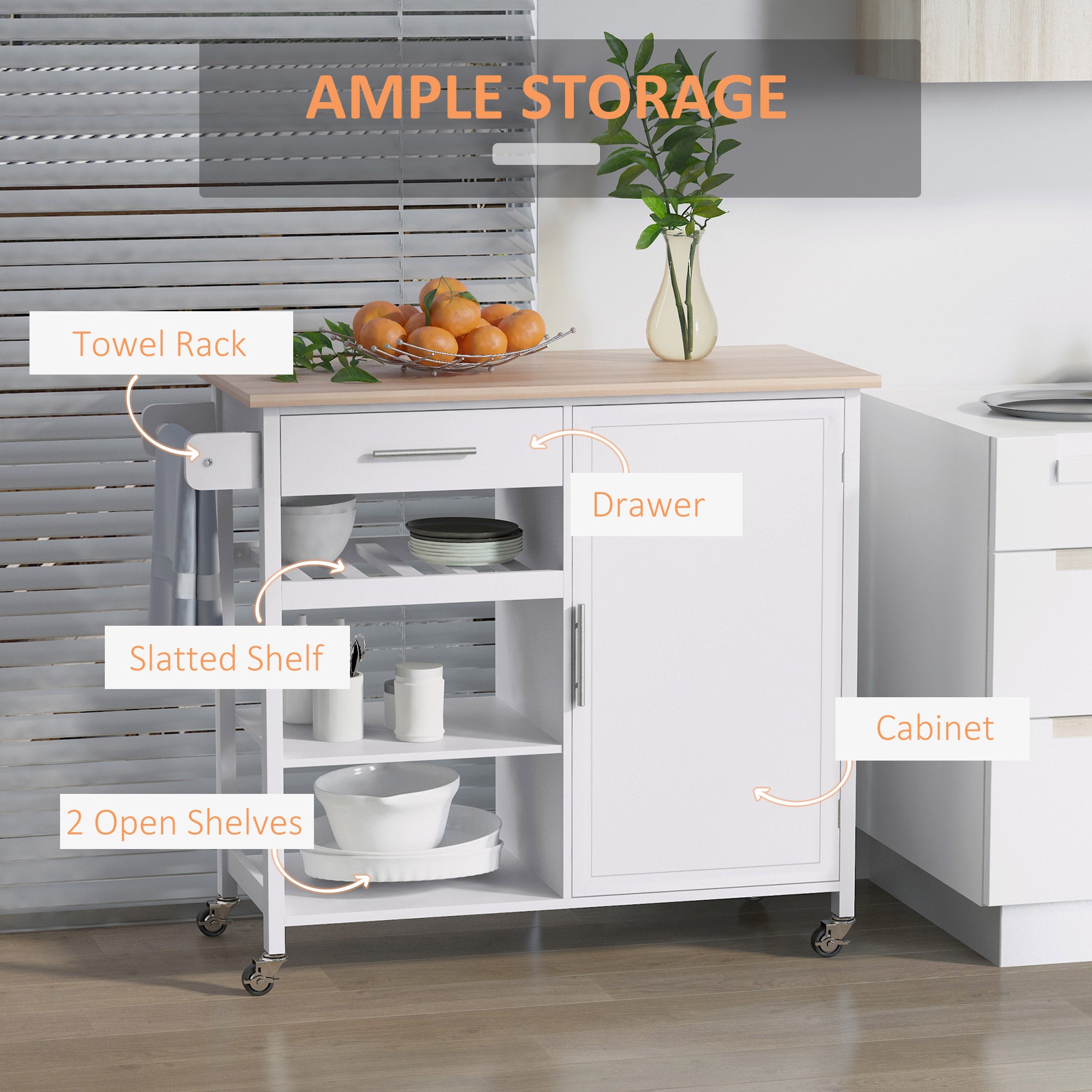 HOMCOM 4-Tier Rolling Kitchen Island Utility Trolley Serving Cart Kitchen Storage Cart w/ Towel Rack, Butcher Block Countertop, Cabinet, Drawer, Shelves, White