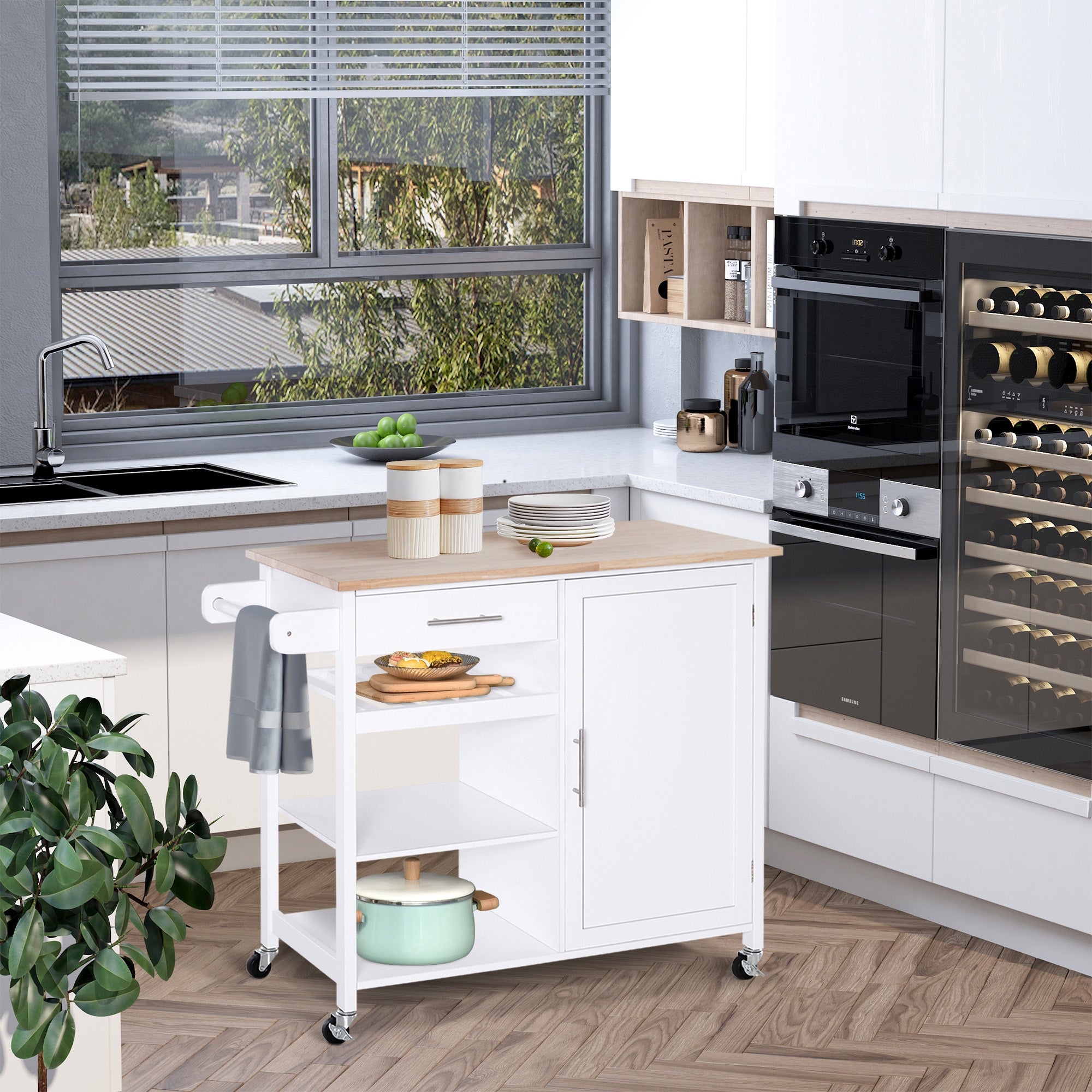 HOMCOM 4-Tier Rolling Kitchen Island Utility Trolley Serving Cart Kitchen Storage Cart w/ Towel Rack, Butcher Block Countertop, Cabinet, Drawer, Shelves, White