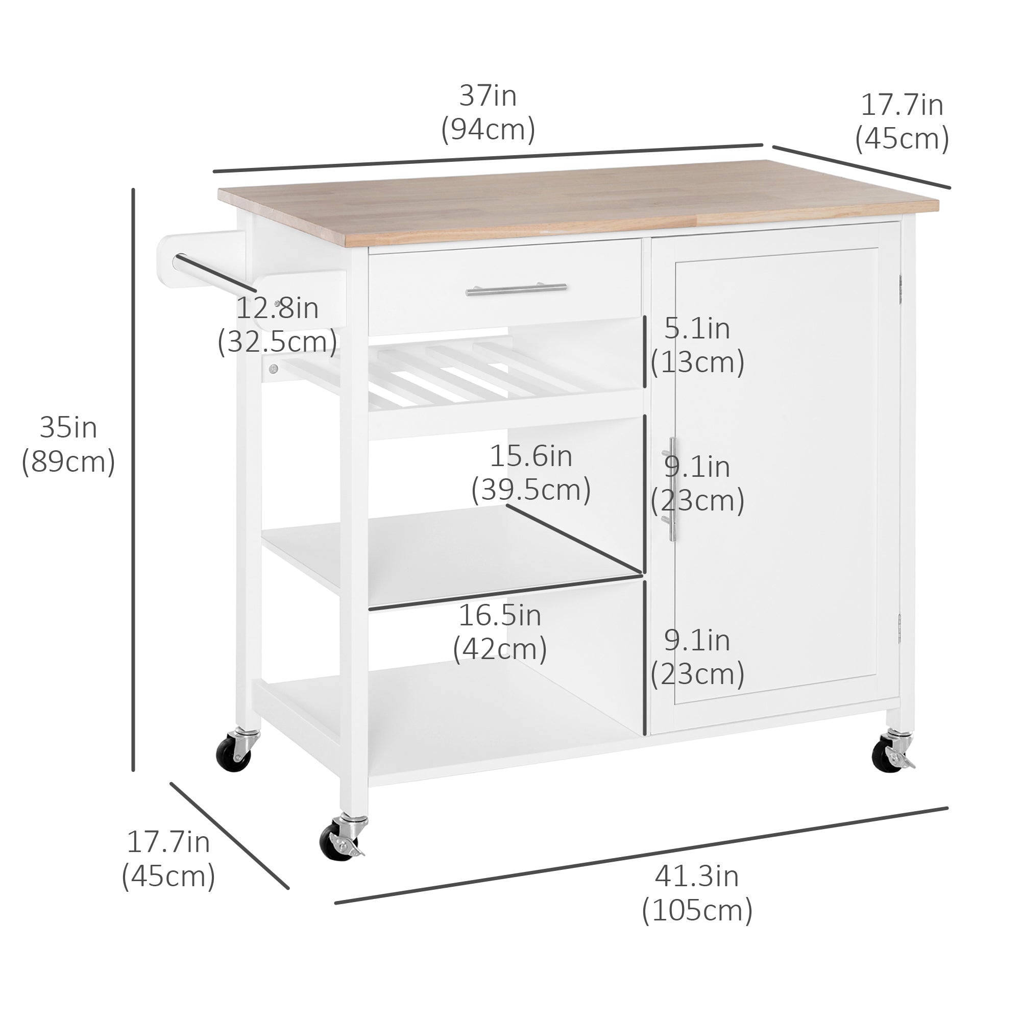 HOMCOM 4-Tier Rolling Kitchen Island Utility Trolley Serving Cart Kitchen Storage Cart w/ Towel Rack, Butcher Block Countertop, Cabinet, Drawer, Shelves, White