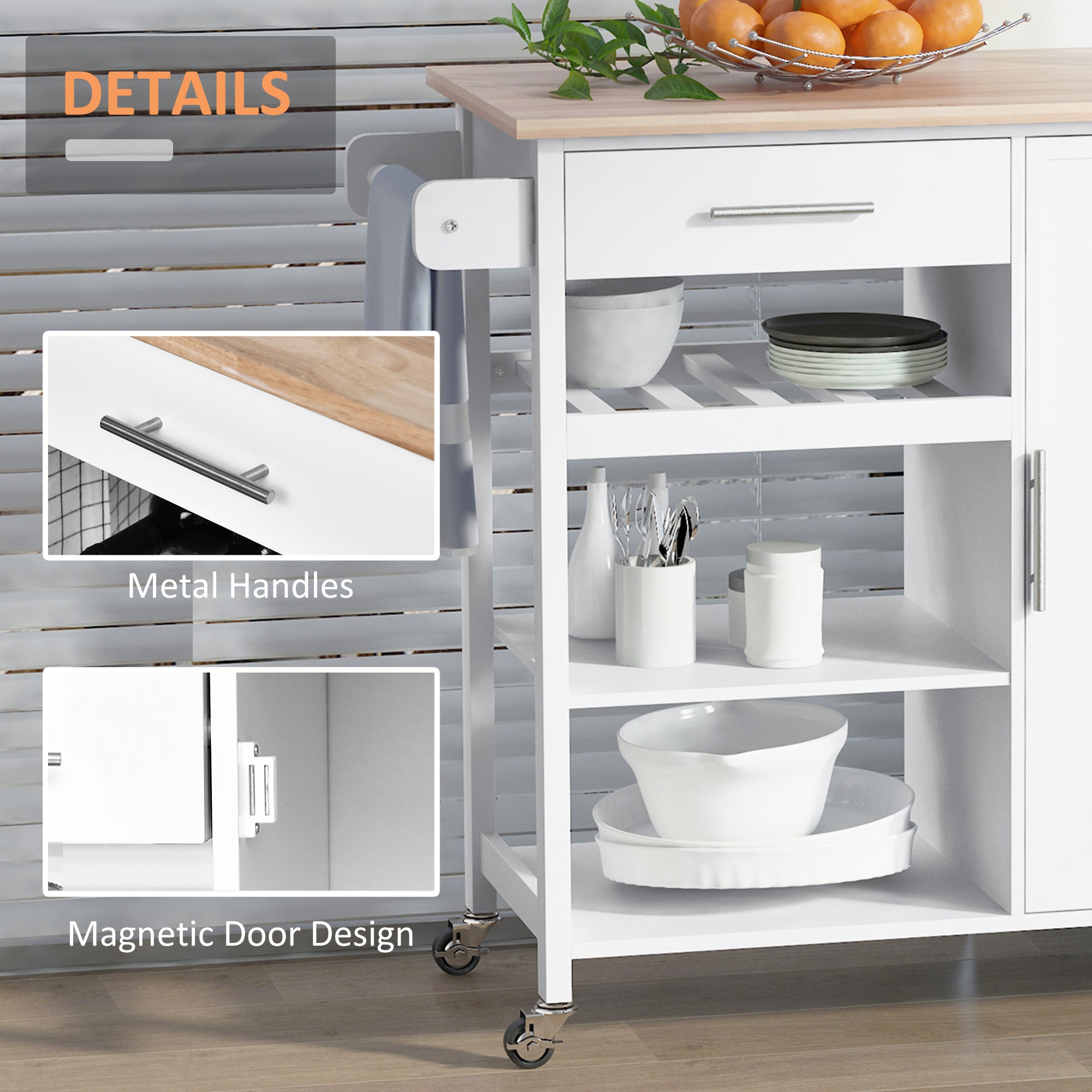 HOMCOM 4-Tier Rolling Kitchen Island Utility Trolley Serving Cart Kitchen Storage Cart w/ Towel Rack, Butcher Block Countertop, Cabinet, Drawer, Shelves, White