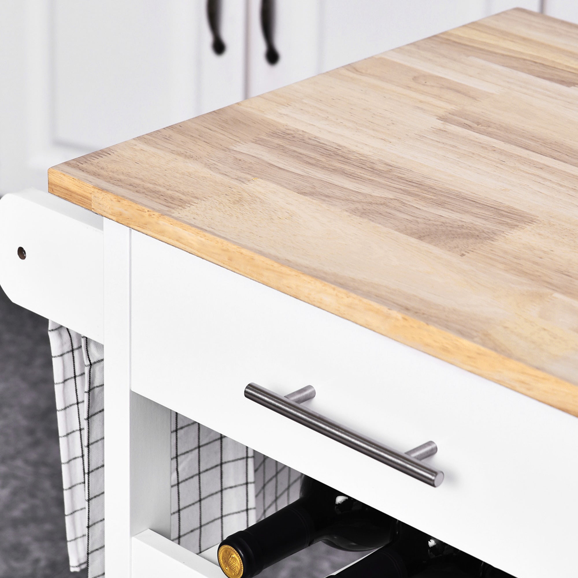 HOMCOM 4-Tier Rolling Kitchen Island Utility Trolley Serving Cart Kitchen Storage Cart w/ Towel Rack, Butcher Block Countertop, Cabinet, Drawer, Shelves, White