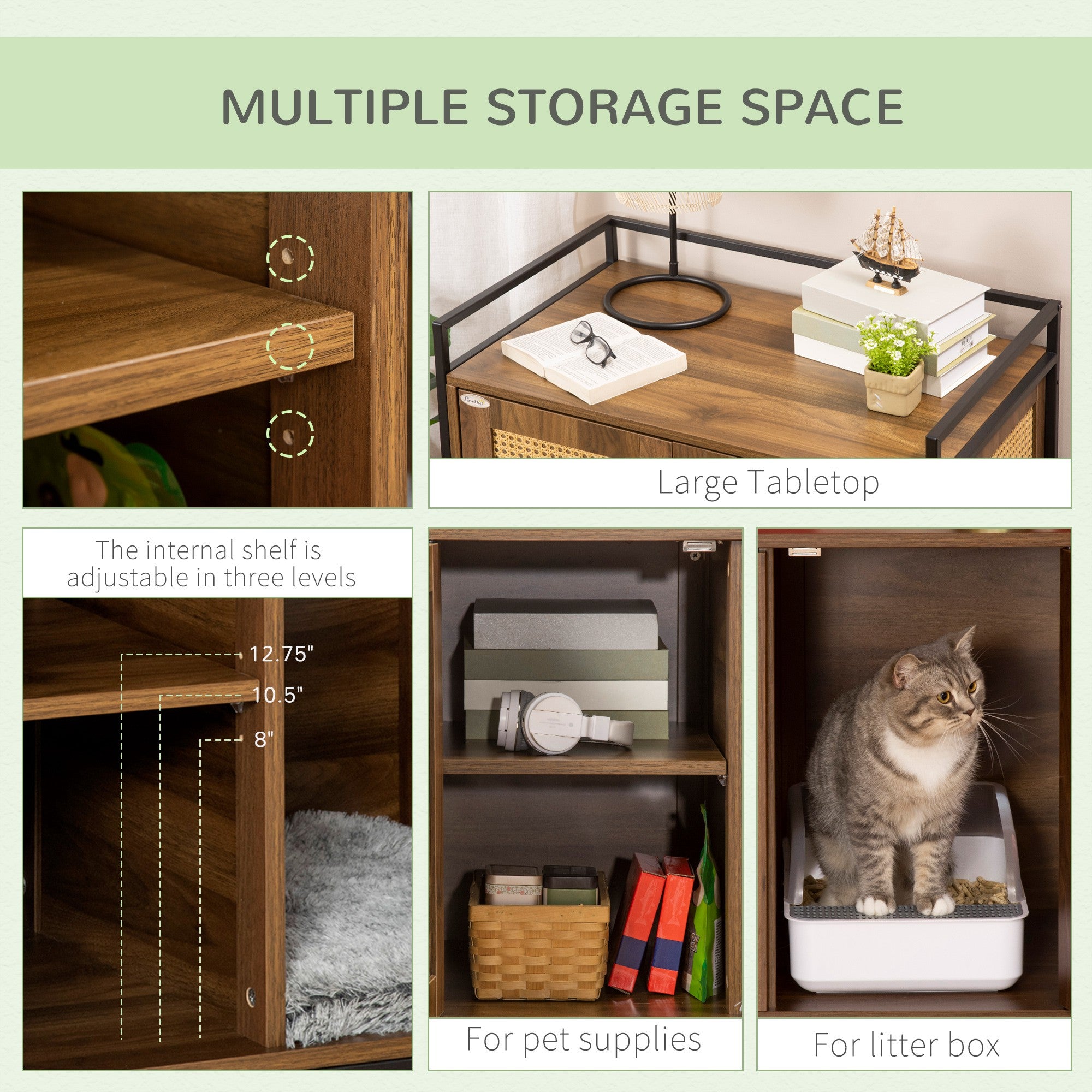 PawHut Shelved Hidden Litter Box Enclosure with Spacious Top and Interior, Large Cat Litter House End Table for Indoor Cats with Hidden Storage Cabinet Space