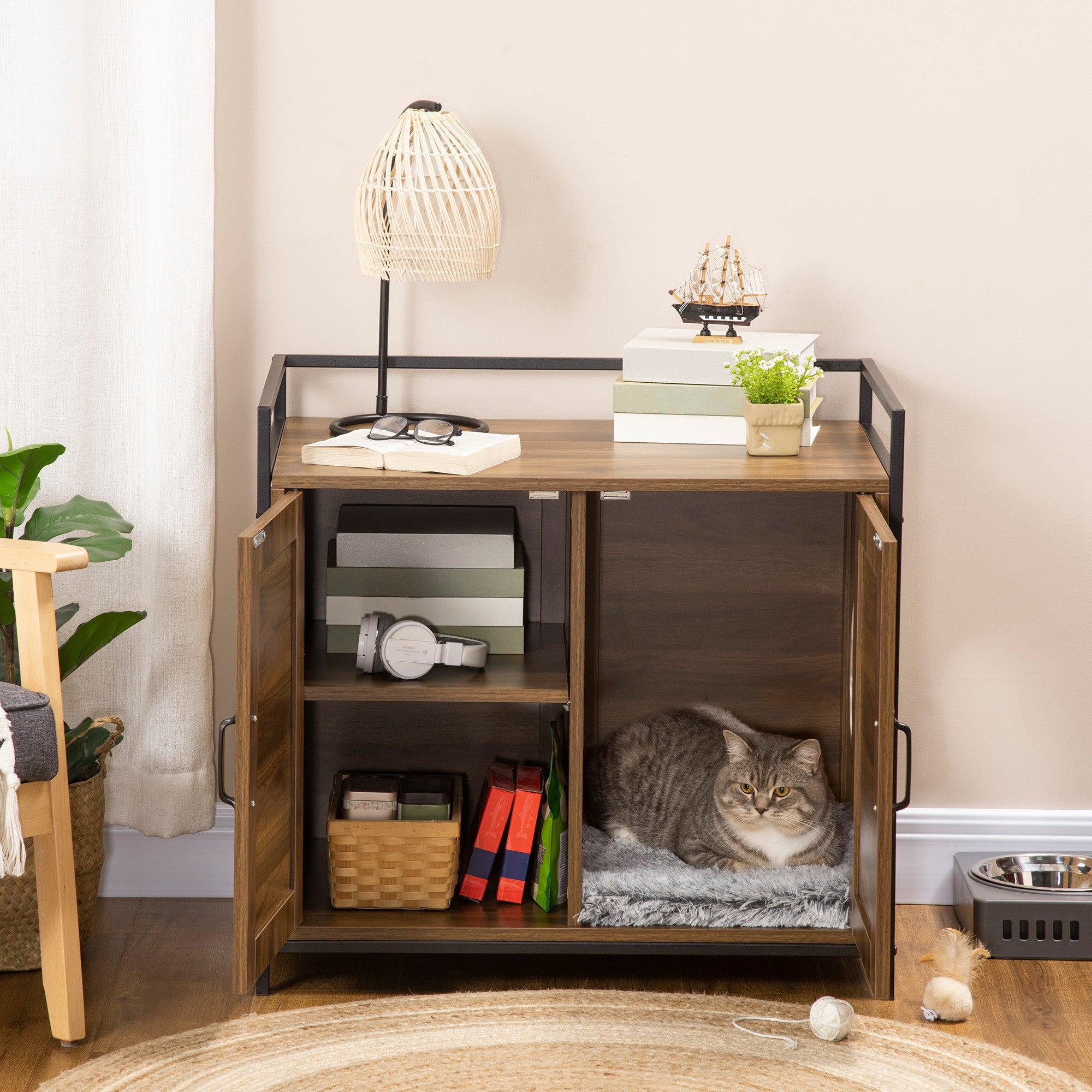 PawHut Shelved Hidden Litter Box Enclosure with Spacious Top and Interior, Large Cat Litter House End Table for Indoor Cats with Hidden Storage Cabinet Space