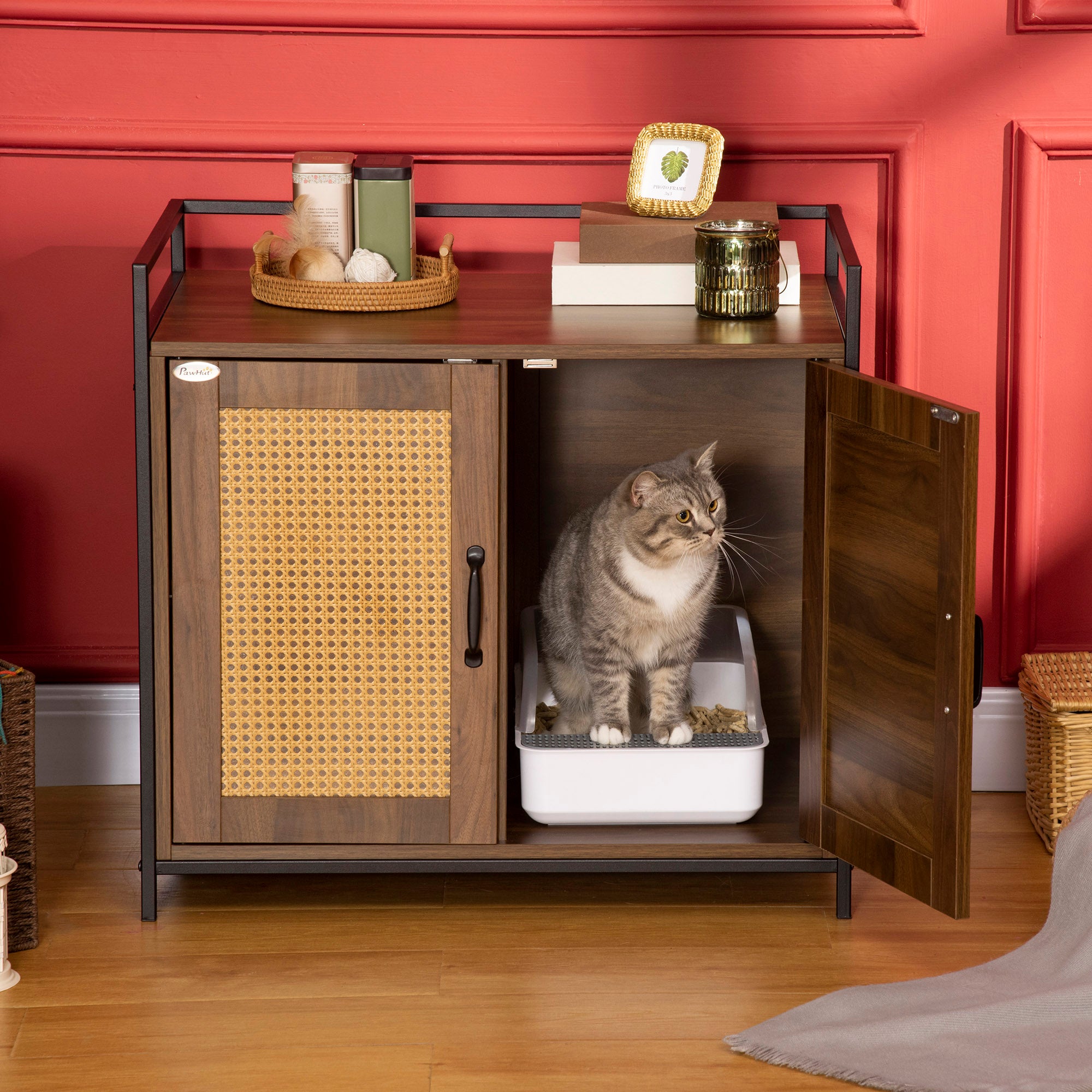 PawHut Shelved Hidden Litter Box Enclosure with Spacious Top and Interior, Large Cat Litter House End Table for Indoor Cats with Hidden Storage Cabinet Space