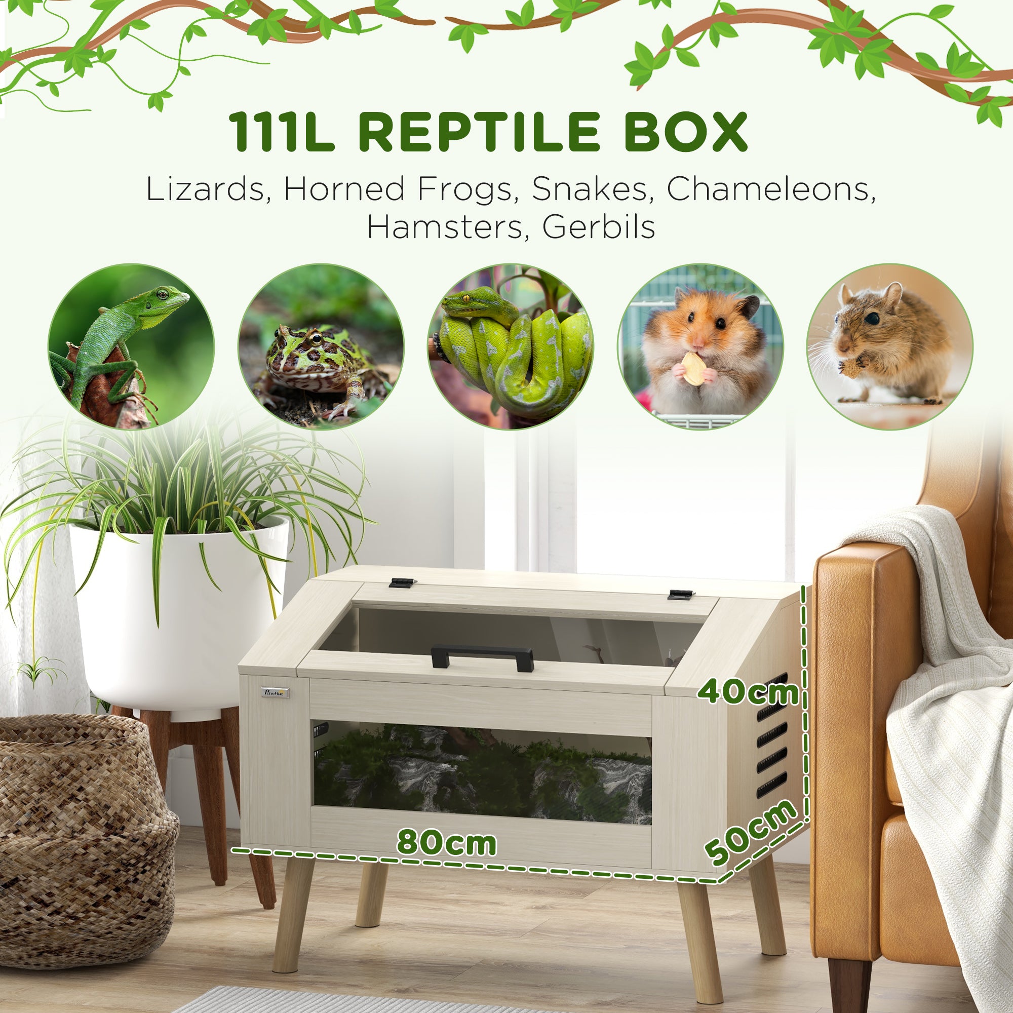 PawHut 29 Gallon Reptile Terrarium, 31.5" x 20" x 24" Top Opening Reptile Tank with Tempered Glass Windows, Ventilations, for Snakes Lizards Horned Frogs Chameleons Hamsters Gerbil
