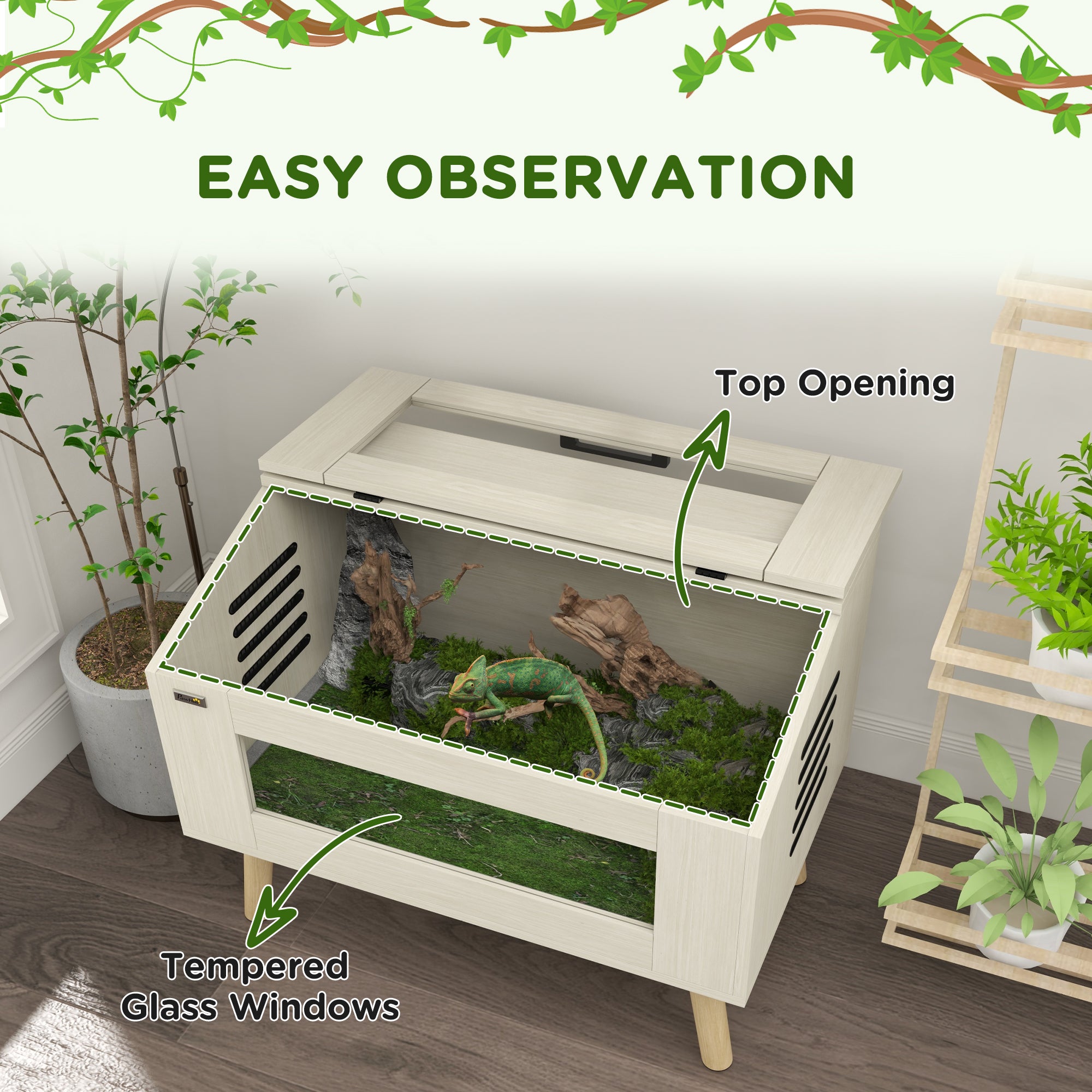 PawHut 29 Gallon Reptile Terrarium, 31.5" x 20" x 24" Top Opening Reptile Tank with Tempered Glass Windows, Ventilations, for Snakes Lizards Horned Frogs Chameleons Hamsters Gerbil