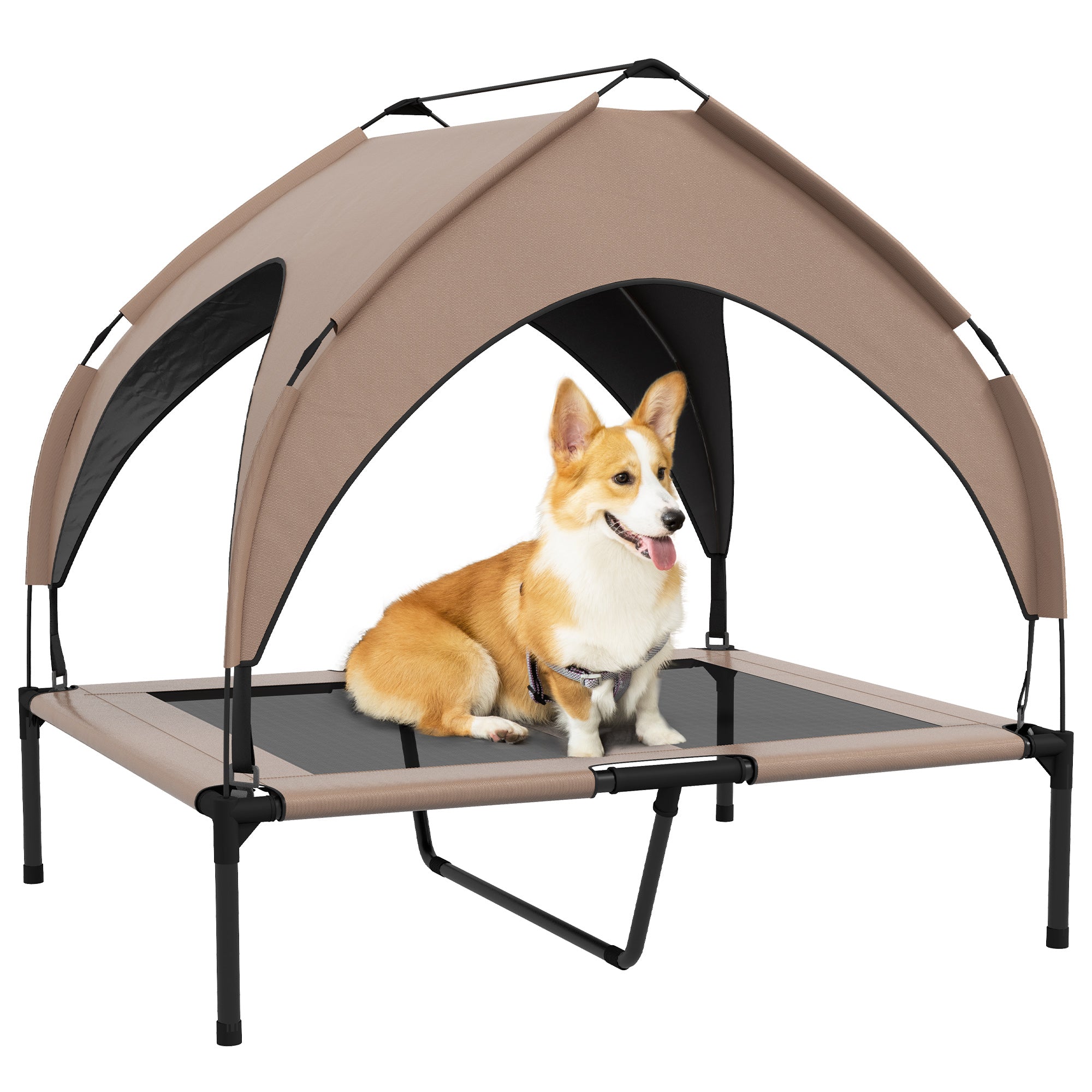 PawHut Elevated Dog Bed with Canopy, Cooling Dog Cot Bed for Camping, Portable Raised Pet Cot with Washable Breathable Mesh, for Indoor Outdoor, M & L Dogs, 36" x 30" x 35", Coffee