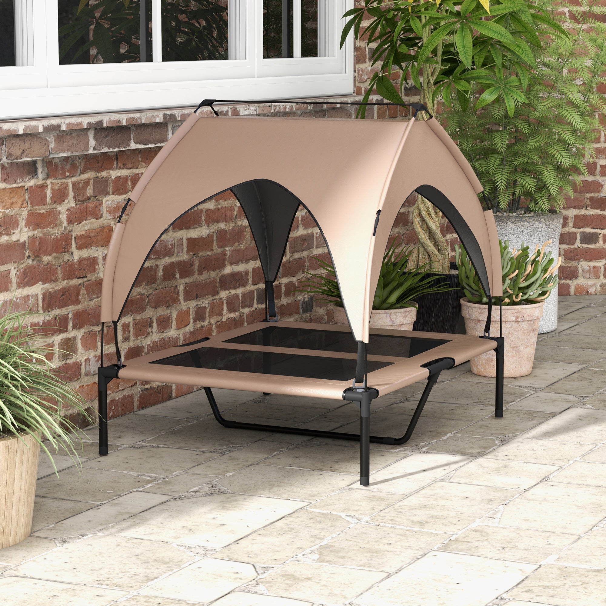 PawHut Elevated Dog Bed with Canopy, Cooling Dog Cot Bed for Camping, Portable Raised Pet Cot with Washable Breathable Mesh, for Indoor Outdoor, M & L Dogs, 36" x 30" x 35", Coffee