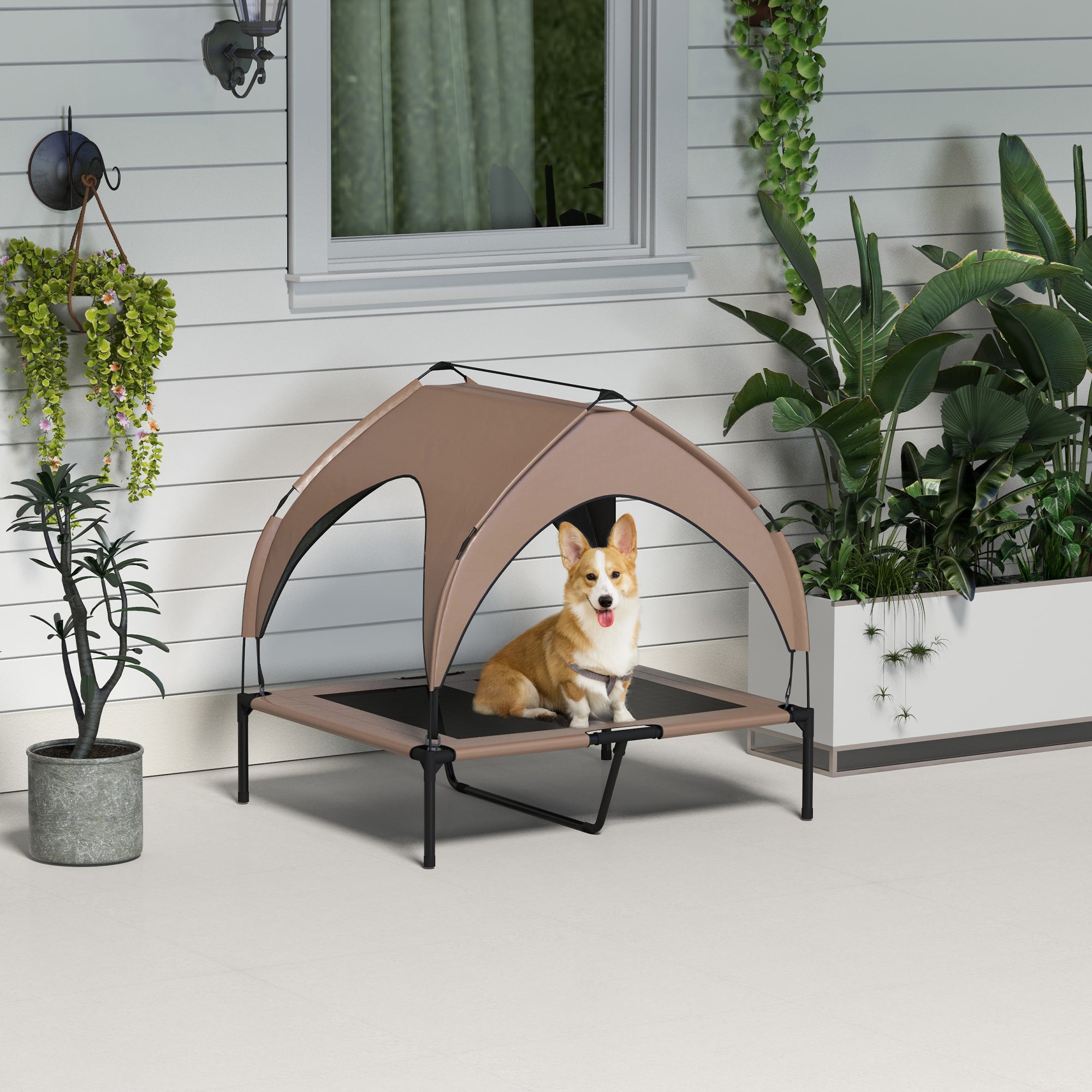 PawHut Elevated Dog Bed with Canopy, Cooling Dog Cot Bed for Camping, Portable Raised Pet Cot with Washable Breathable Mesh, for Indoor Outdoor, M & L Dogs, 36" x 30" x 35", Coffee