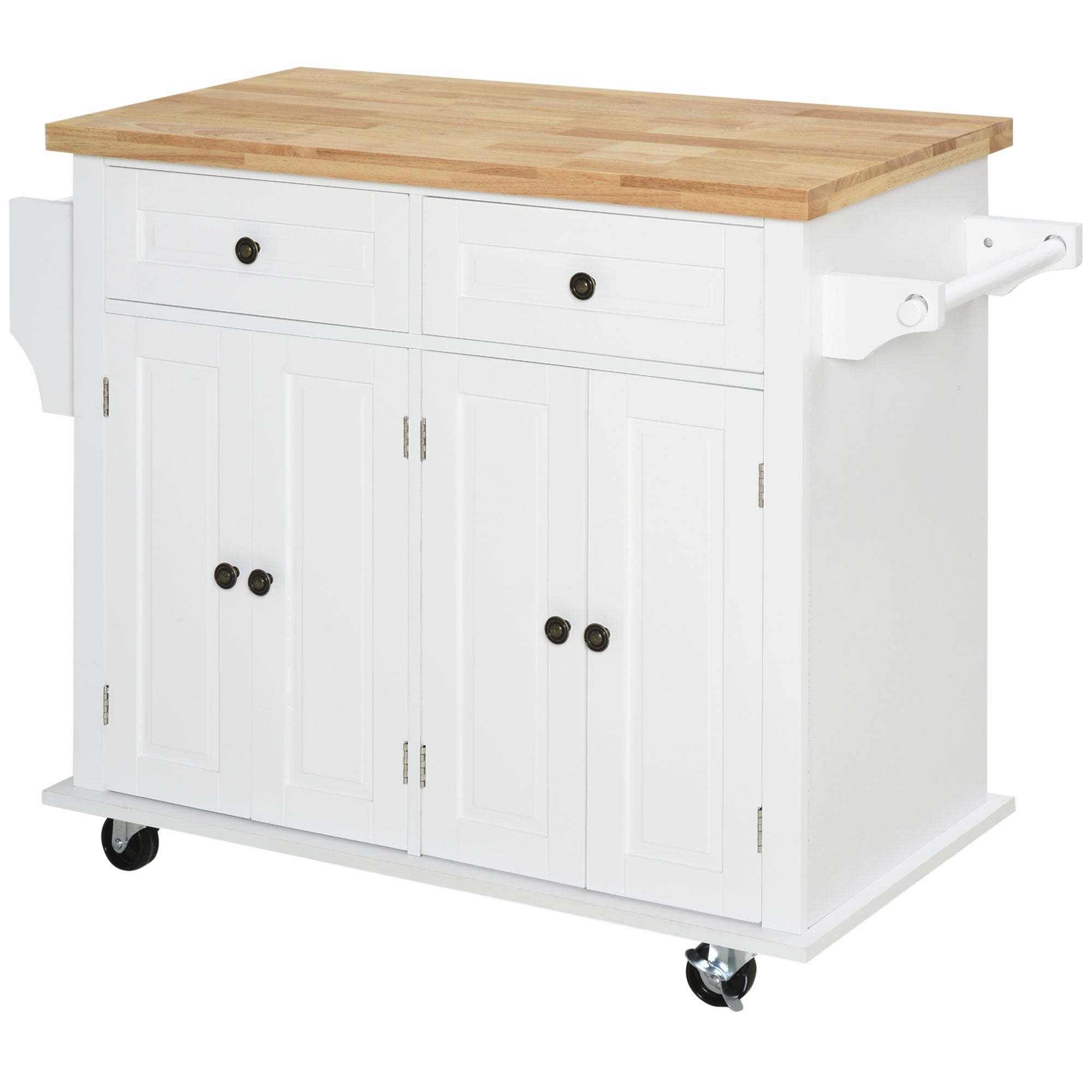 HOMCOM Kitchen Island on Wheels with Storage, Rolling Cart with Rubber wood Top, Spice Rack, Towel Rack and Drawers, White