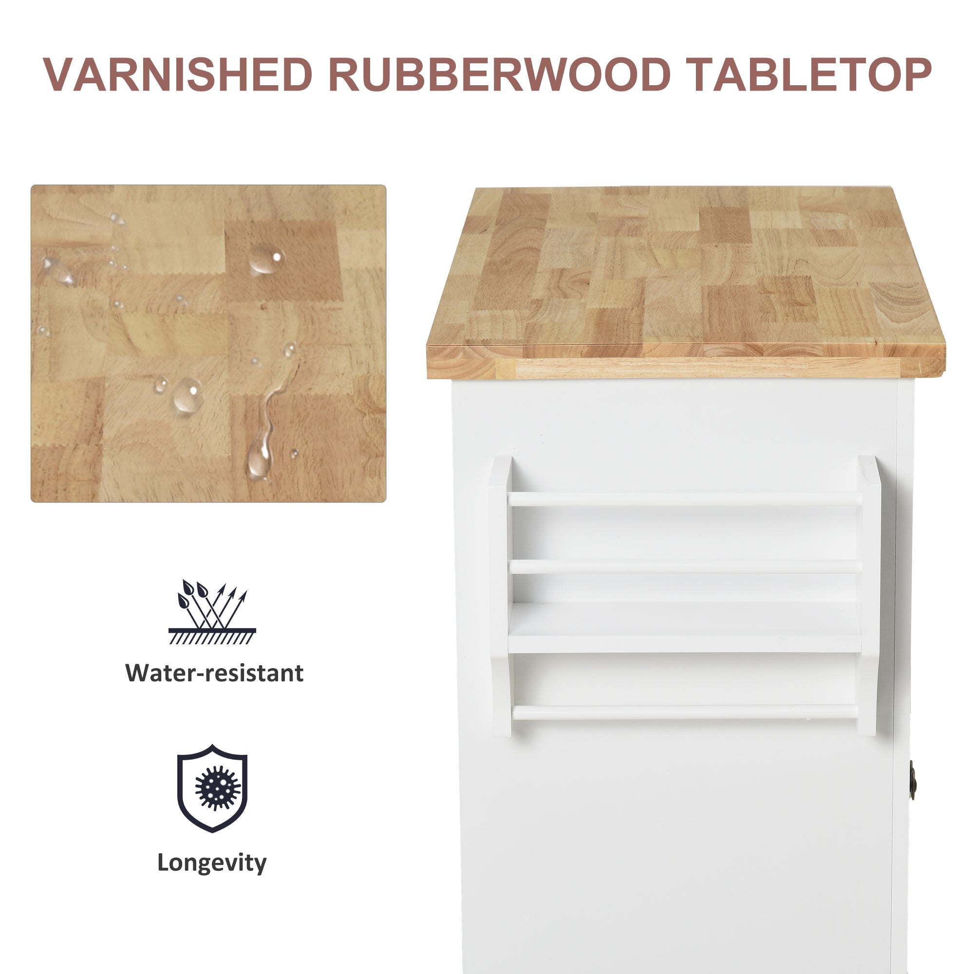 HOMCOM Kitchen Island on Wheels with Storage, Rolling Cart with Rubber wood Top, Spice Rack, Towel Rack and Drawers, White