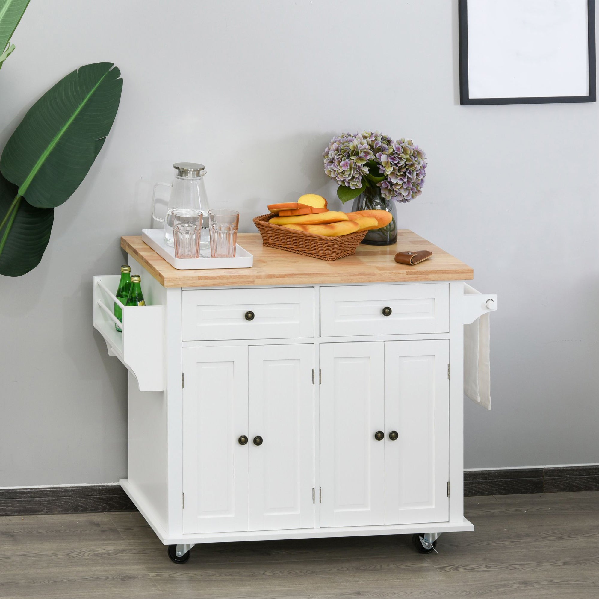 HOMCOM Kitchen Island on Wheels with Storage, Rolling Cart with Rubber wood Top, Spice Rack, Towel Rack and Drawers, White