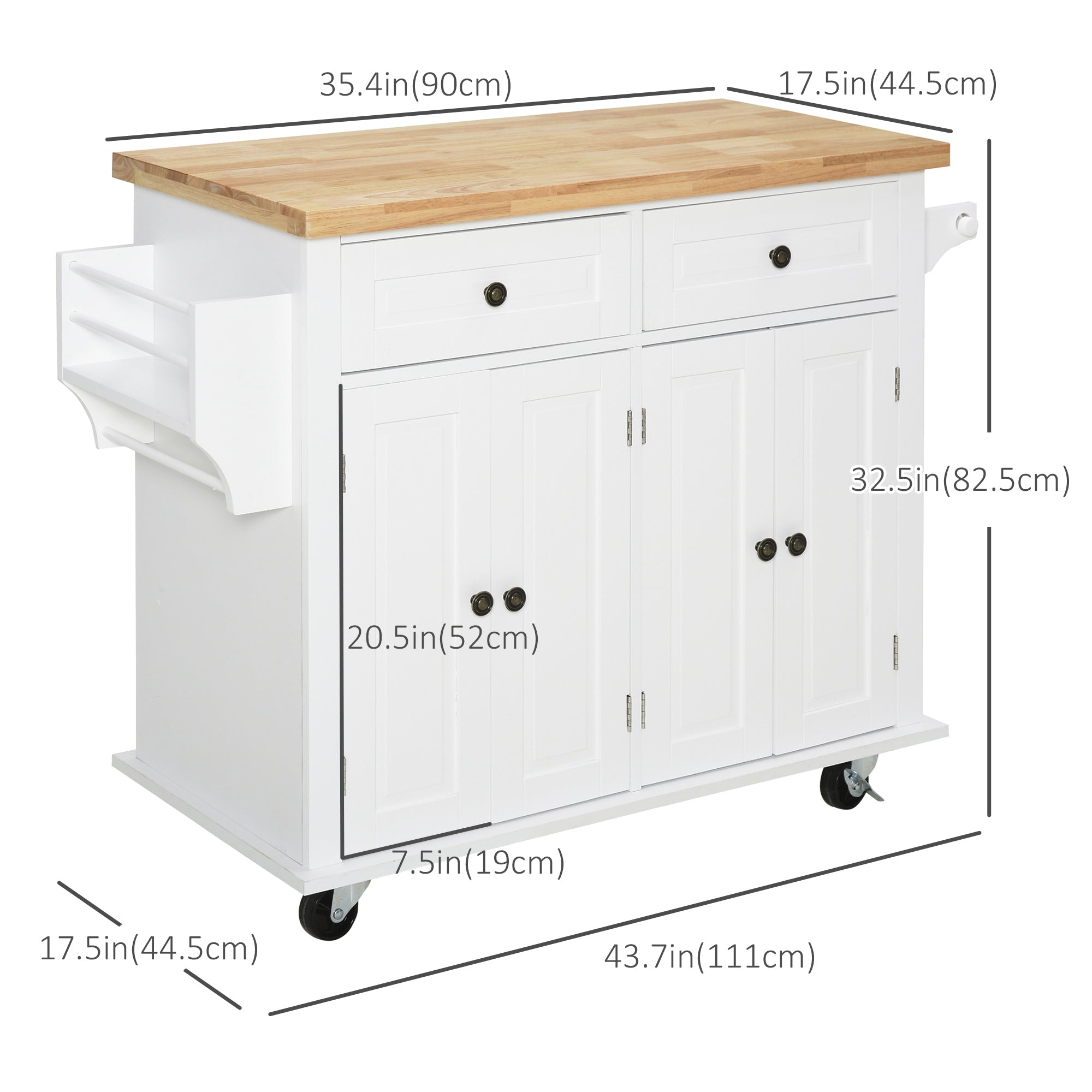HOMCOM Kitchen Island on Wheels with Storage, Rolling Cart with Rubber wood Top, Spice Rack, Towel Rack and Drawers, White