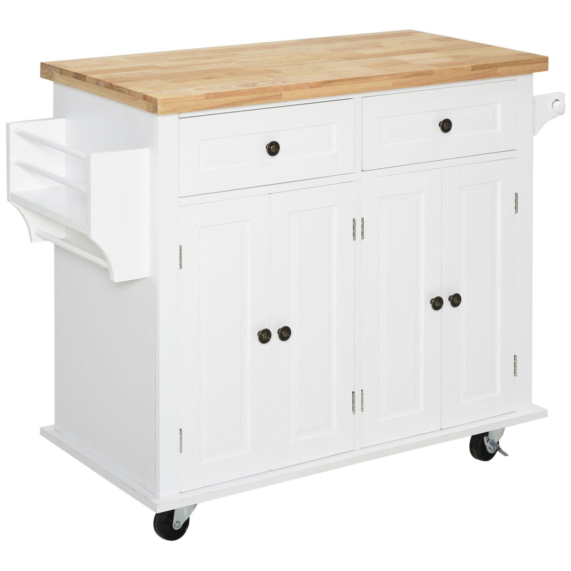 HOMCOM Kitchen Island on Wheels with Storage, Rolling Cart with Rubber wood Top, Spice Rack, Towel Rack and Drawers, White