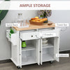 HOMCOM Kitchen Island on Wheels with Storage, Rolling Cart with Rubber wood Top, Spice Rack, Towel Rack and Drawers, White