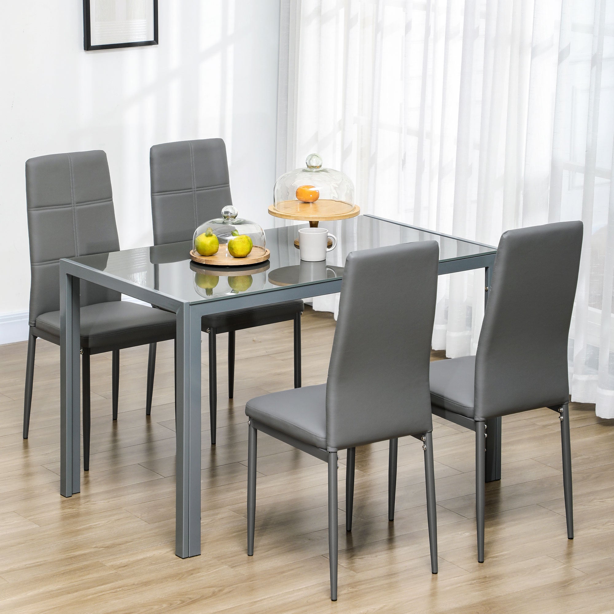 HOMCOM Dining Table Set for 4, 5-Piece Rectangular Glass Kitchen Table and Chairs with Metal Frame and Faux Leather Upholstery for Dining Room, Living Room, Grey