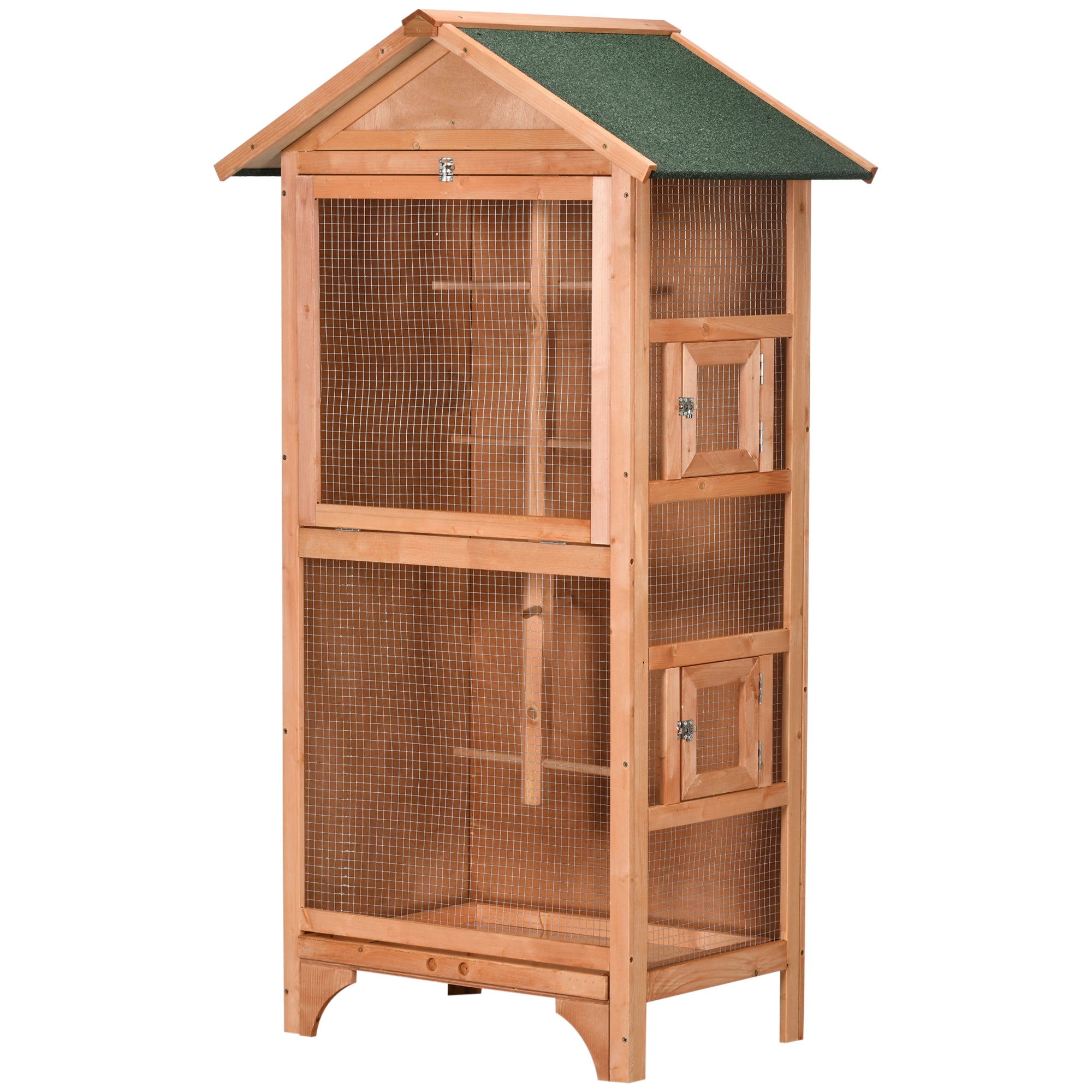 PawHut Wooden Bird Aviary Parrot Cage Pet Furniture Large Outdoor Play House with Removable Bottom Tray, 2 Doors, Asphalt Roof, 4 Perches, Brown