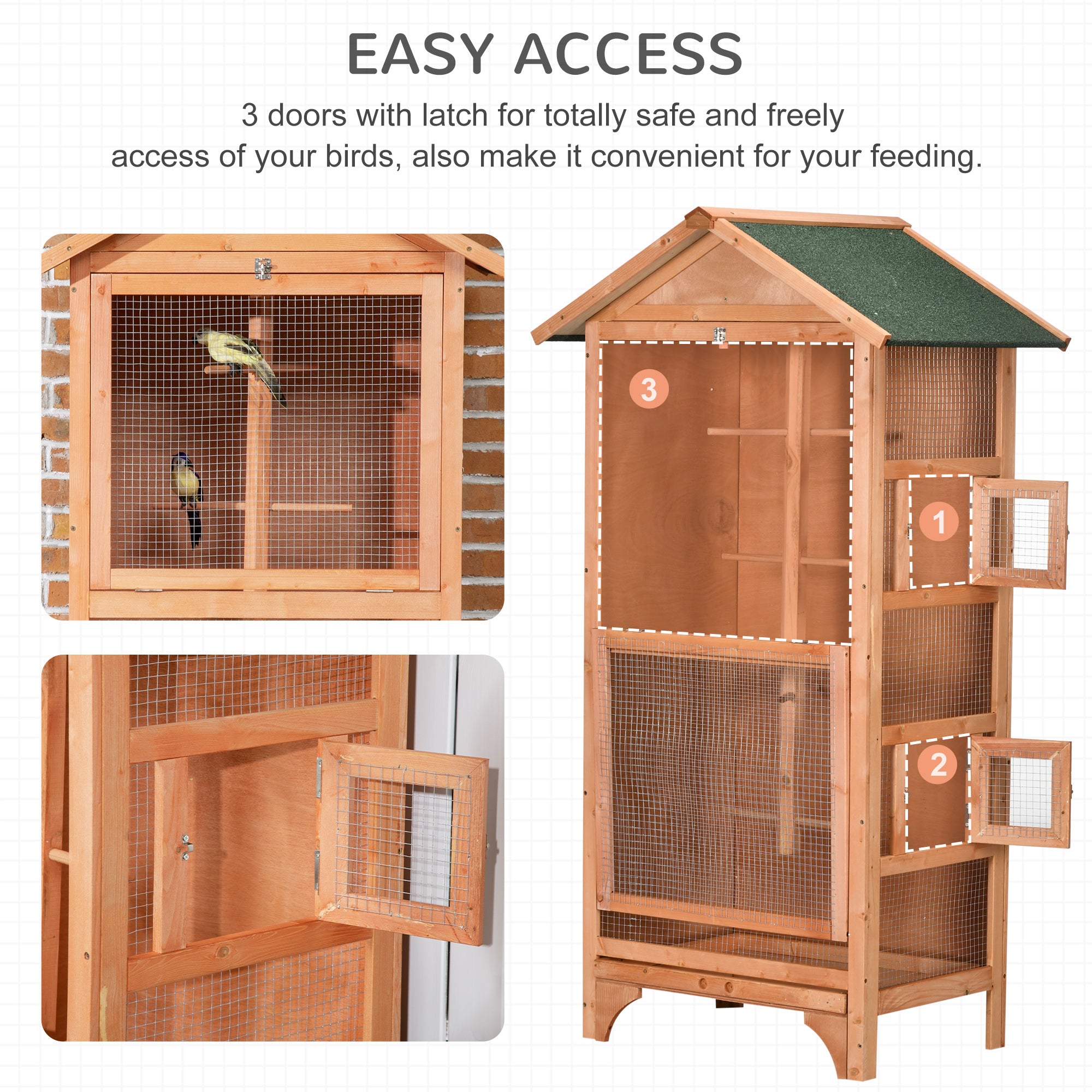 PawHut Wooden Bird Aviary Parrot Cage Pet Furniture Large Outdoor Play House with Removable Bottom Tray, 2 Doors, Asphalt Roof, 4 Perches, Brown