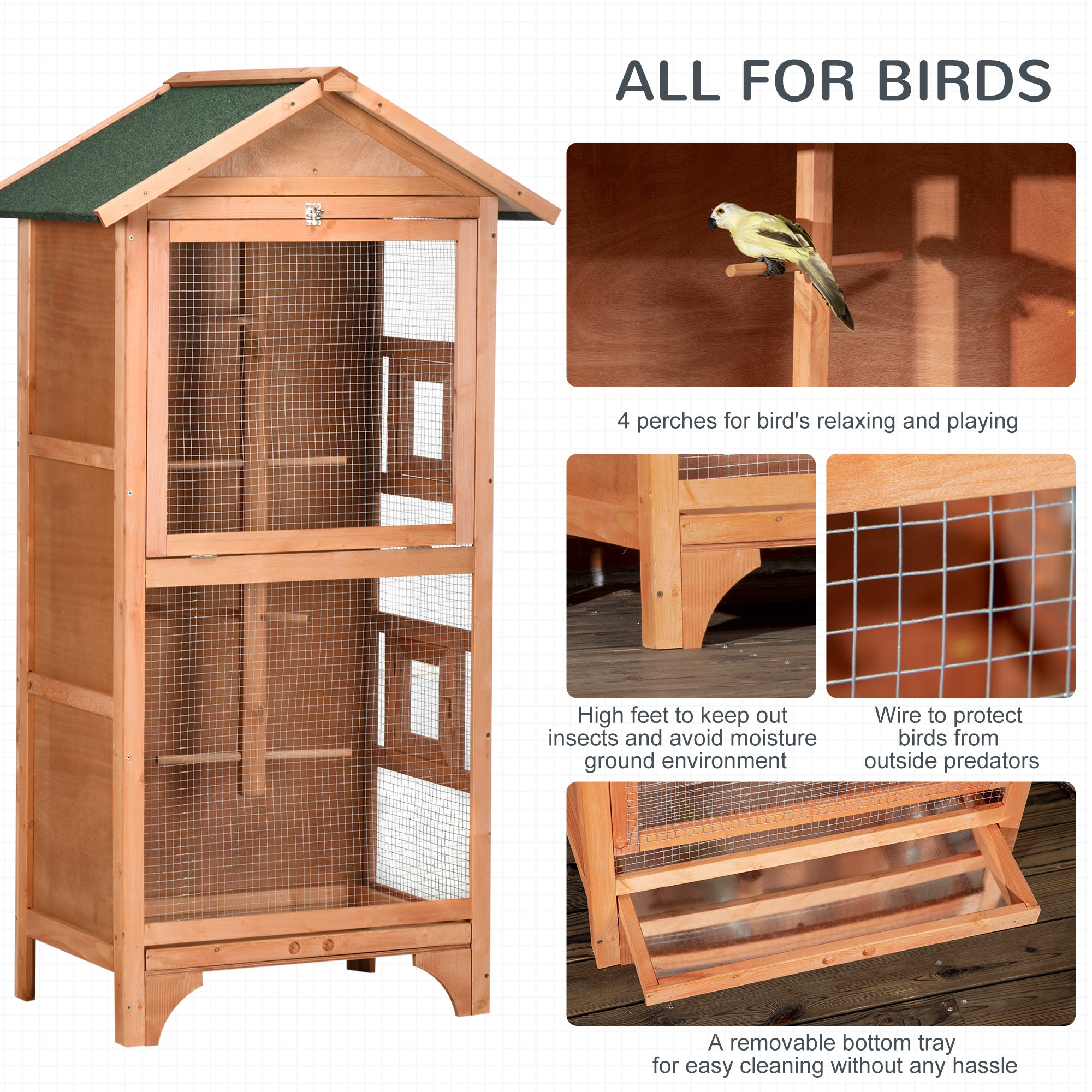 PawHut Wooden Bird Aviary Parrot Cage Pet Furniture Large Outdoor Play House with Removable Bottom Tray, 2 Doors, Asphalt Roof, 4 Perches, Brown