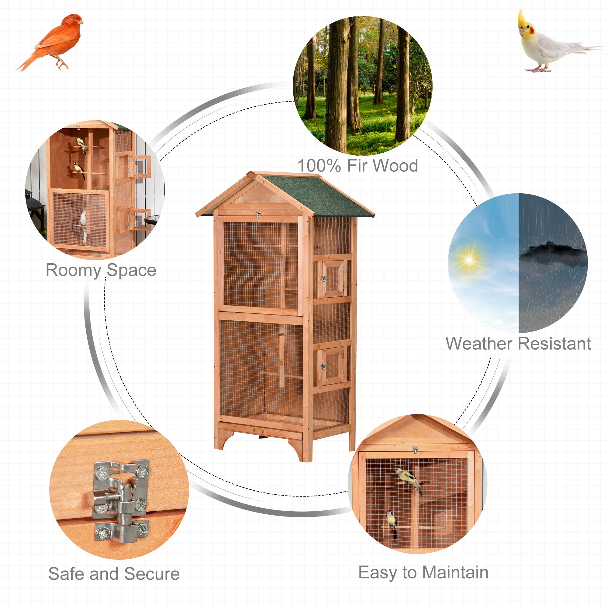 PawHut Wooden Bird Aviary Parrot Cage Pet Furniture Large Outdoor Play House with Removable Bottom Tray, 2 Doors, Asphalt Roof, 4 Perches, Brown