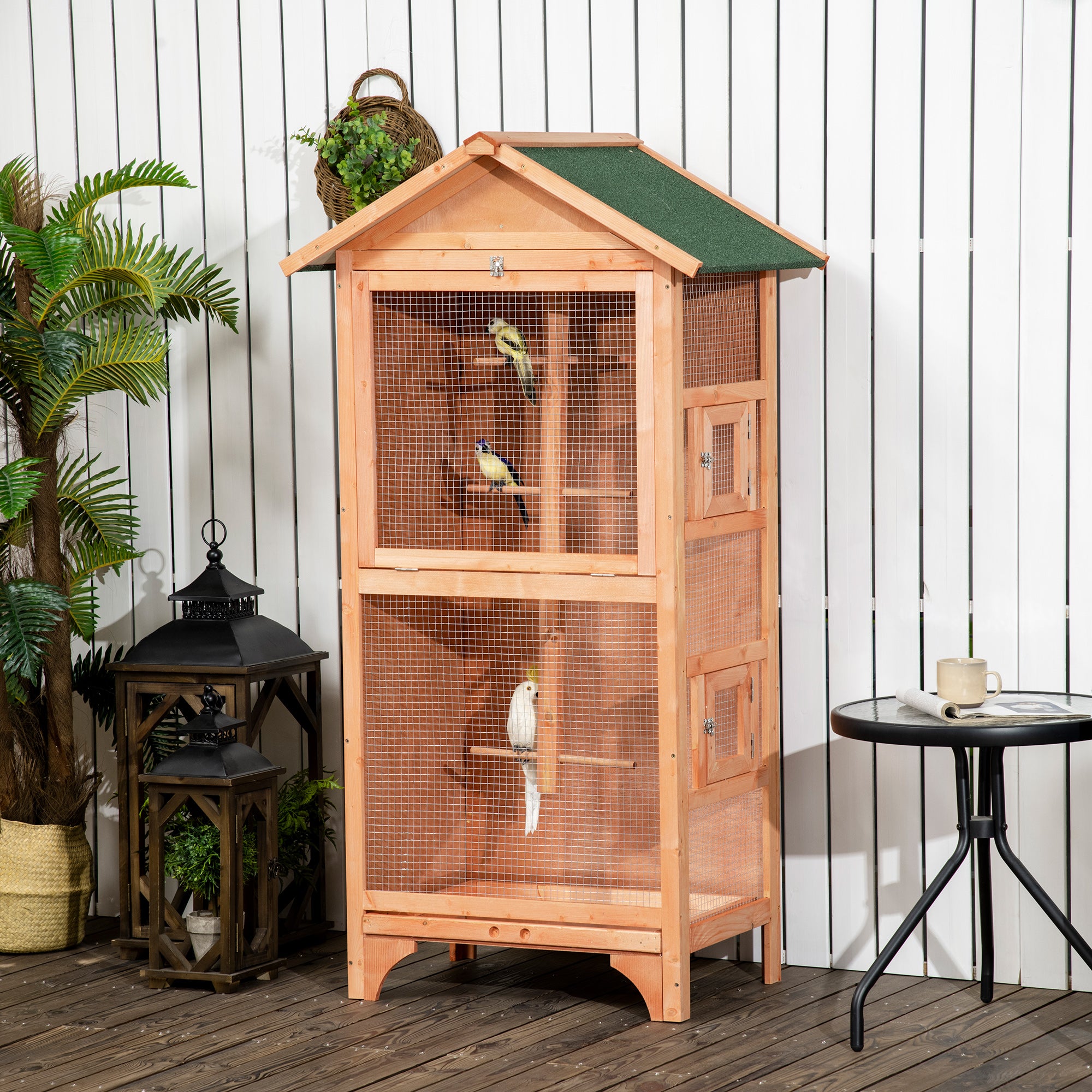 PawHut Wooden Bird Aviary Parrot Cage Pet Furniture Large Outdoor Play House with Removable Bottom Tray, 2 Doors, Asphalt Roof, 4 Perches, Brown
