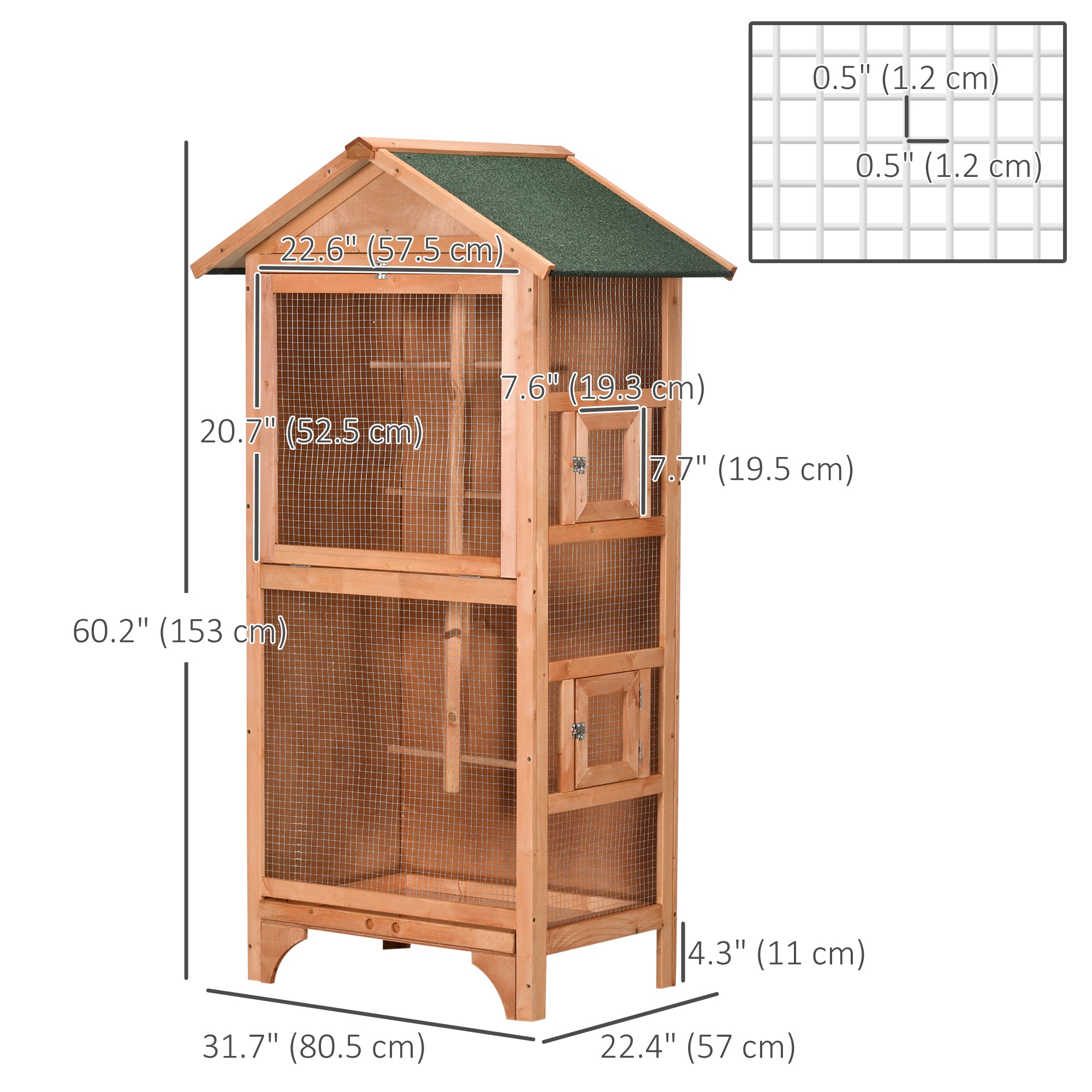 PawHut Wooden Bird Aviary Parrot Cage Pet Furniture Large Outdoor Play House with Removable Bottom Tray, 2 Doors, Asphalt Roof, 4 Perches, Brown