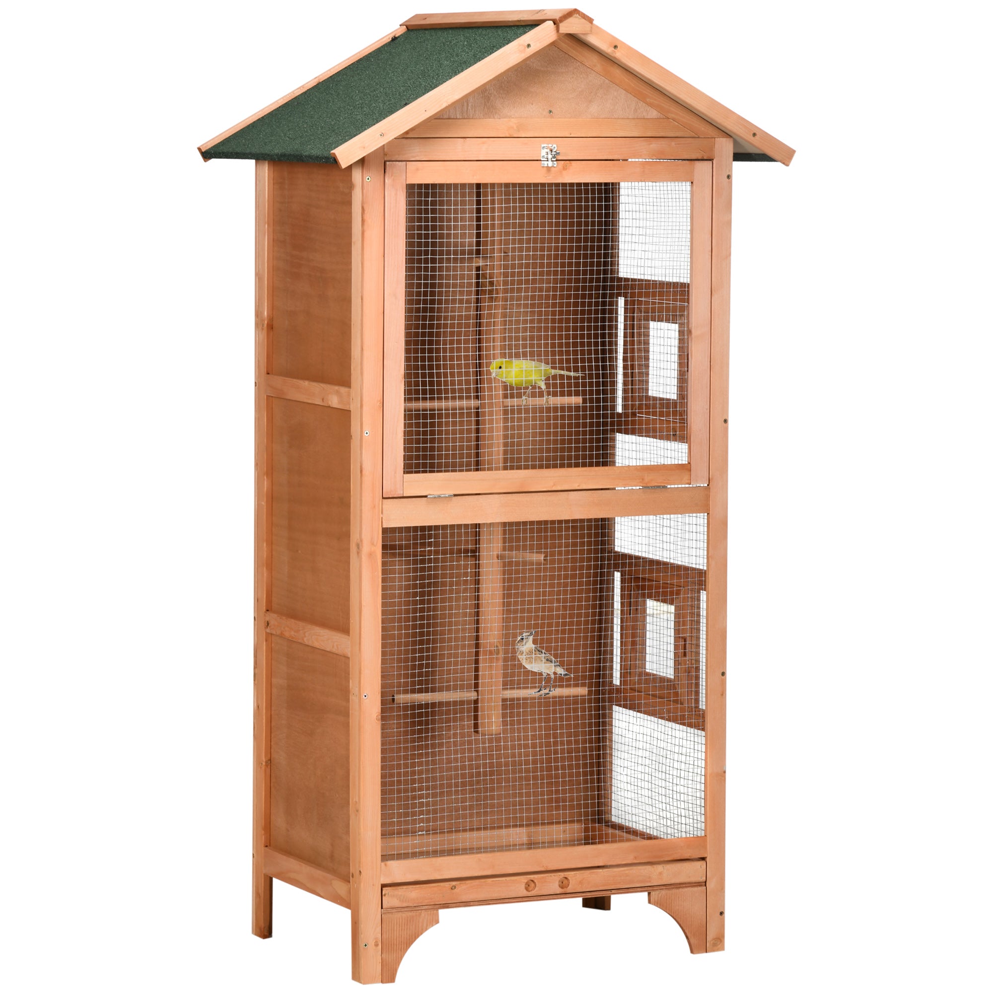 PawHut Wooden Bird Aviary Parrot Cage Pet Furniture Large Outdoor Play House with Removable Bottom Tray, 2 Doors, Asphalt Roof, 4 Perches, Brown