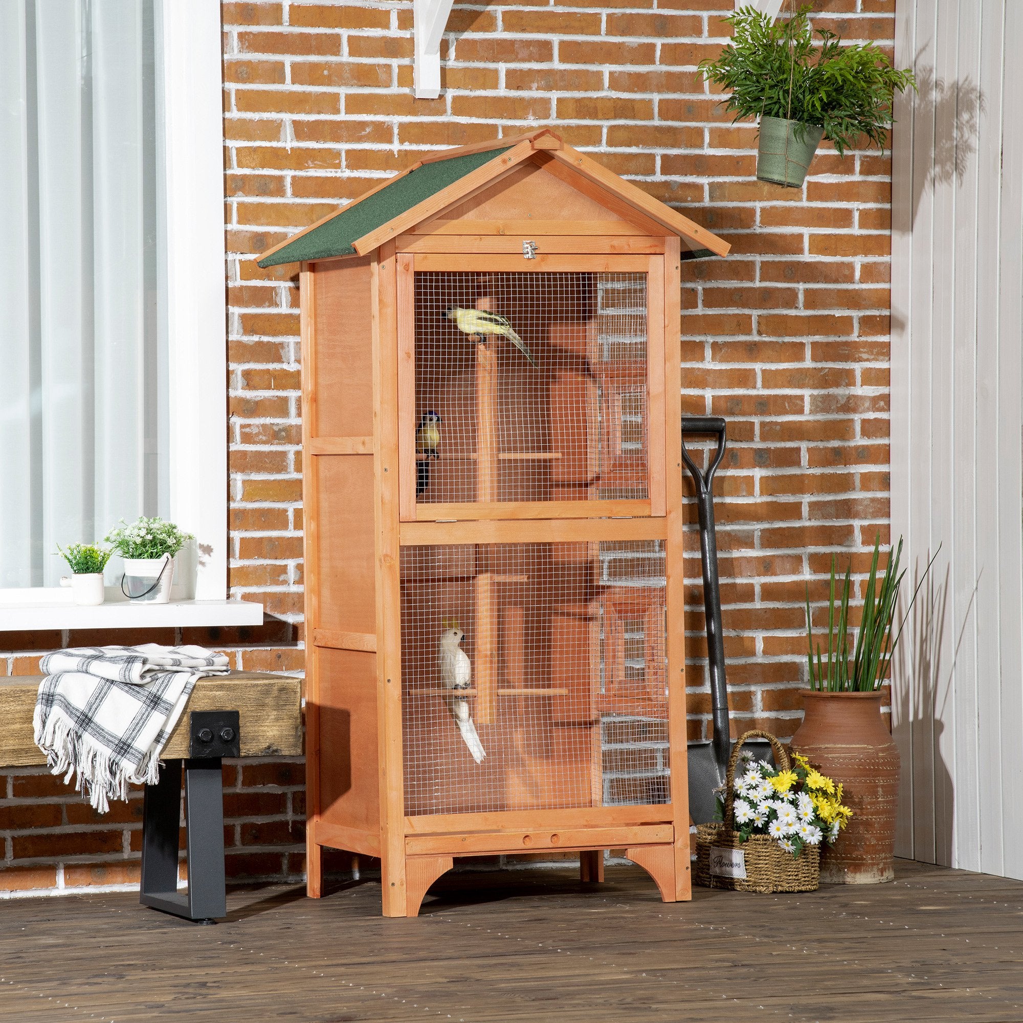 PawHut Wooden Bird Cage Budgie Cage Outdoor for Finch, Canary w/ Slide Tray, Asphalt Roof - Orange