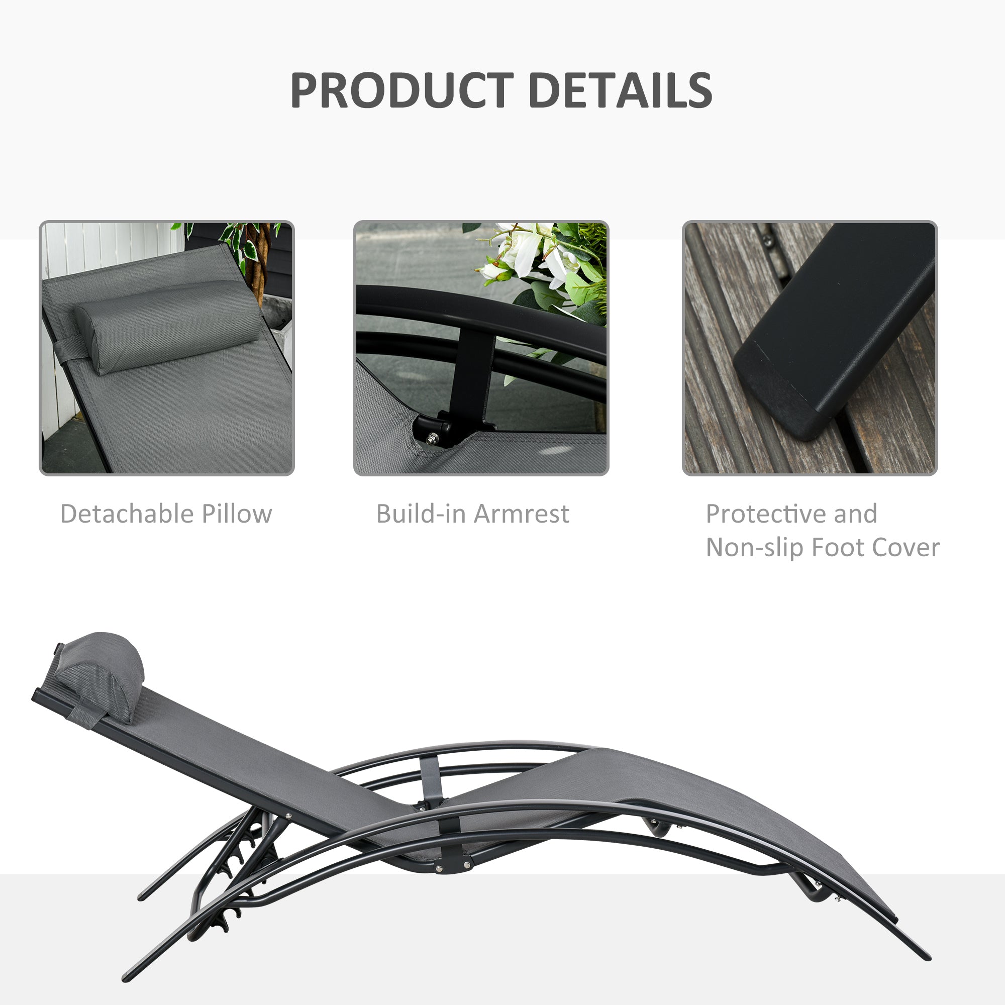 Outsunny Patio Lounge Chair, Aluminum Reclining Outdoor Tanning Chair with 5-Level Adjustable Backrest, Head Pillow and Breathable Mesh Fabric, for Pool, Deck, Garden, Grey