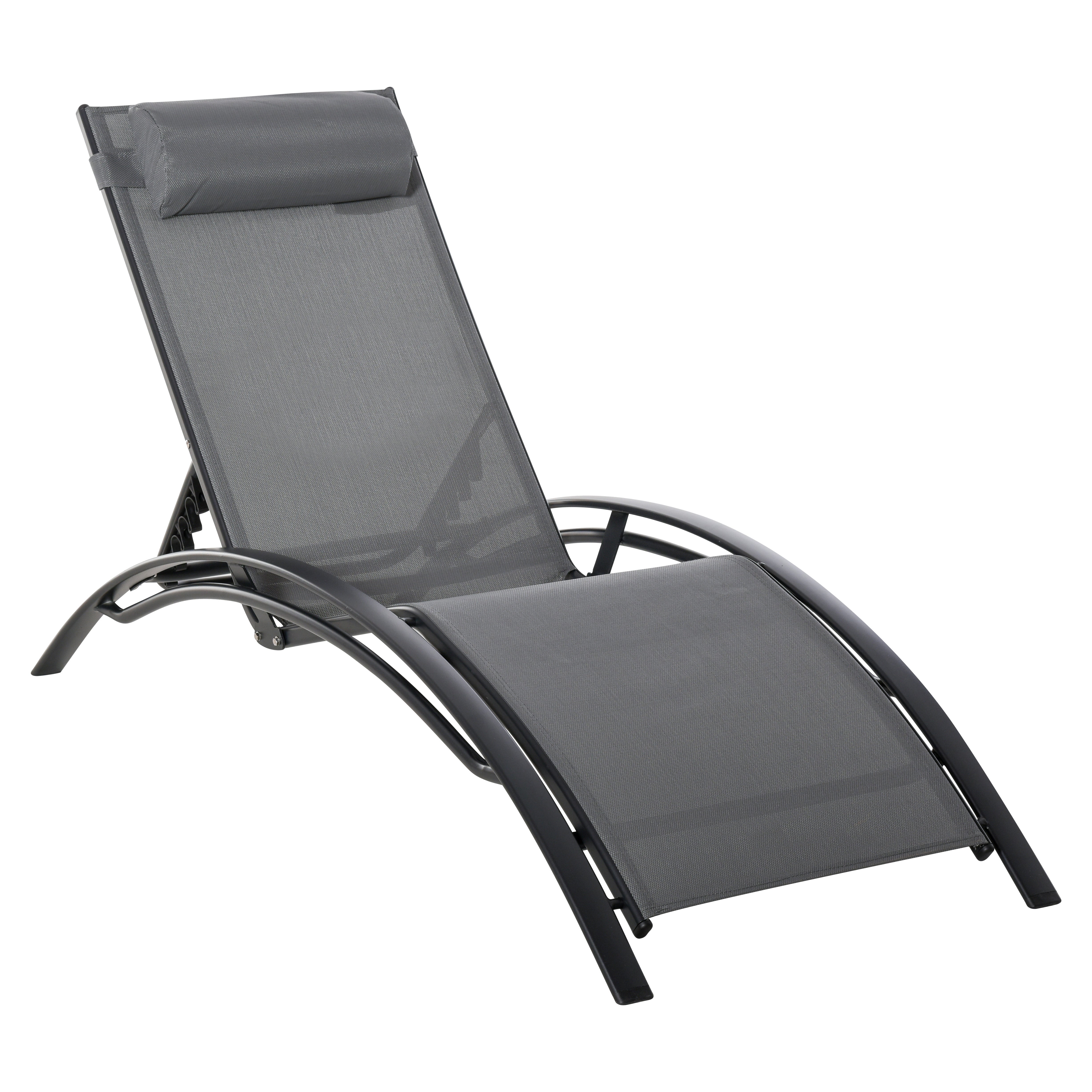 Outsunny Patio Lounge Chair, Aluminum Reclining Outdoor Tanning Chair with 5-Level Adjustable Backrest, Head Pillow and Breathable Mesh Fabric, for Pool, Deck, Garden, Grey