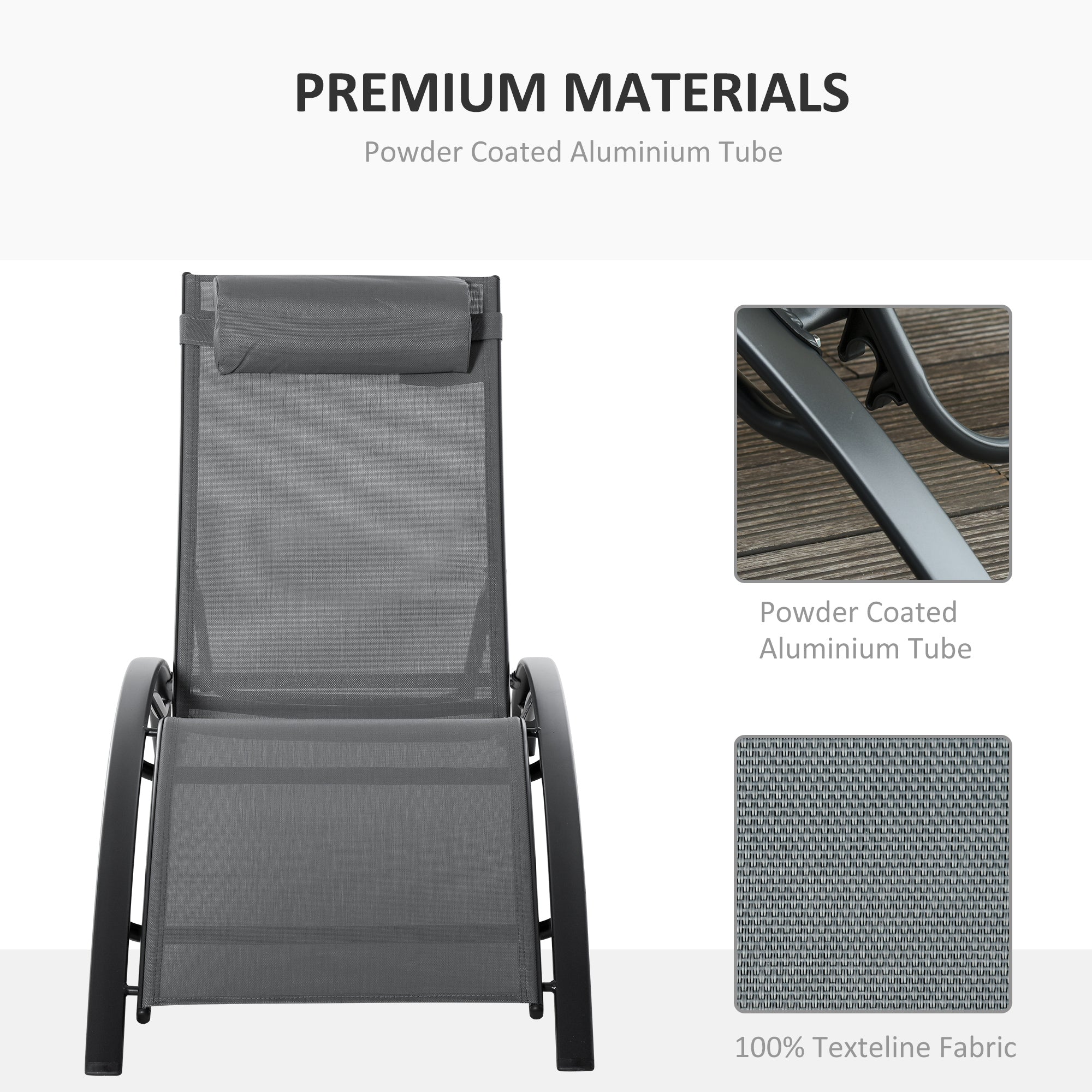 Outsunny Patio Lounge Chair, Aluminum Reclining Outdoor Tanning Chair with 5-Level Adjustable Backrest, Head Pillow and Breathable Mesh Fabric, for Pool, Deck, Garden, Grey