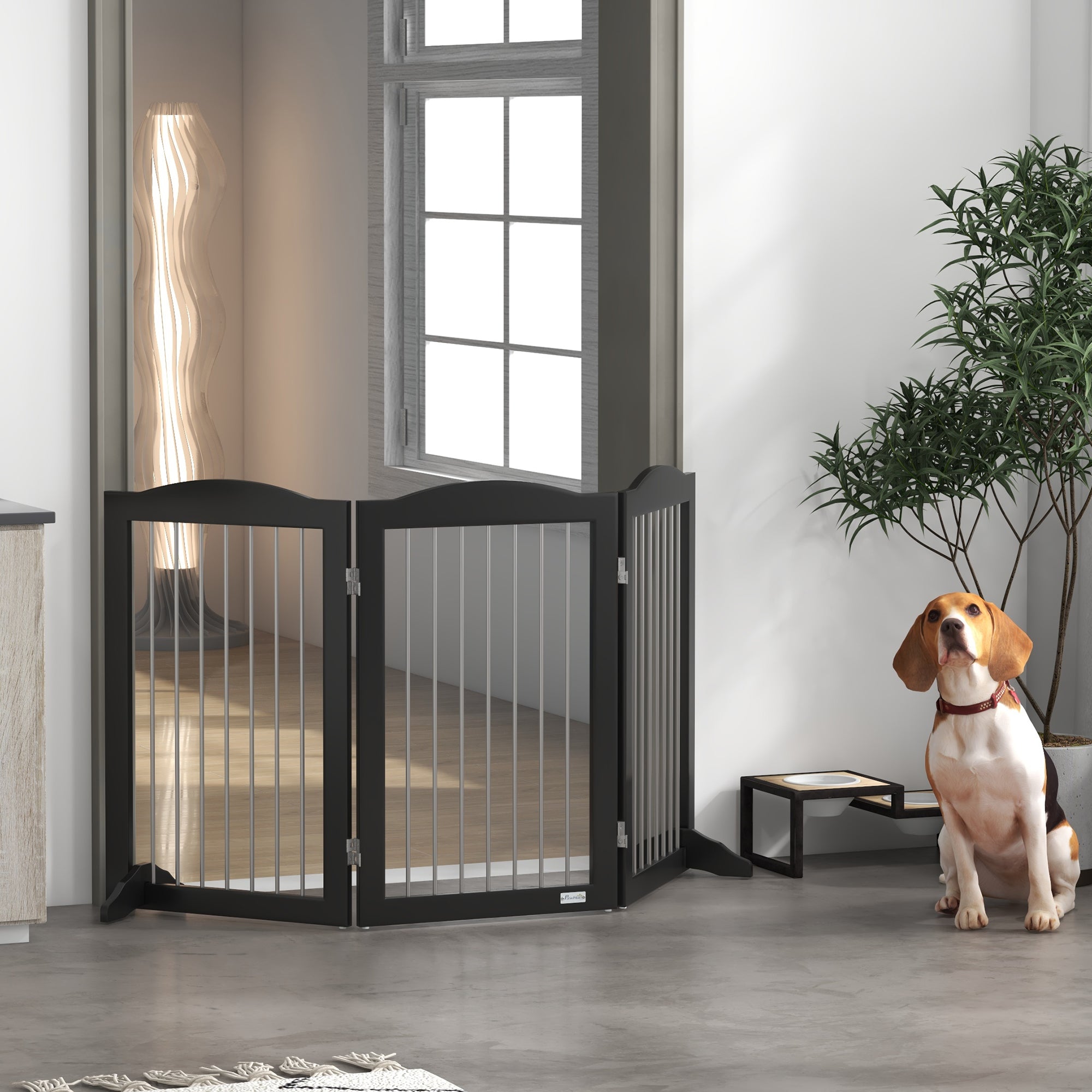 PawHut Foldable Dog Gate, Freestanding Pet Gate, Dog Barrier with Two Support Feet, for Doorways, Stairs, Halls - Black