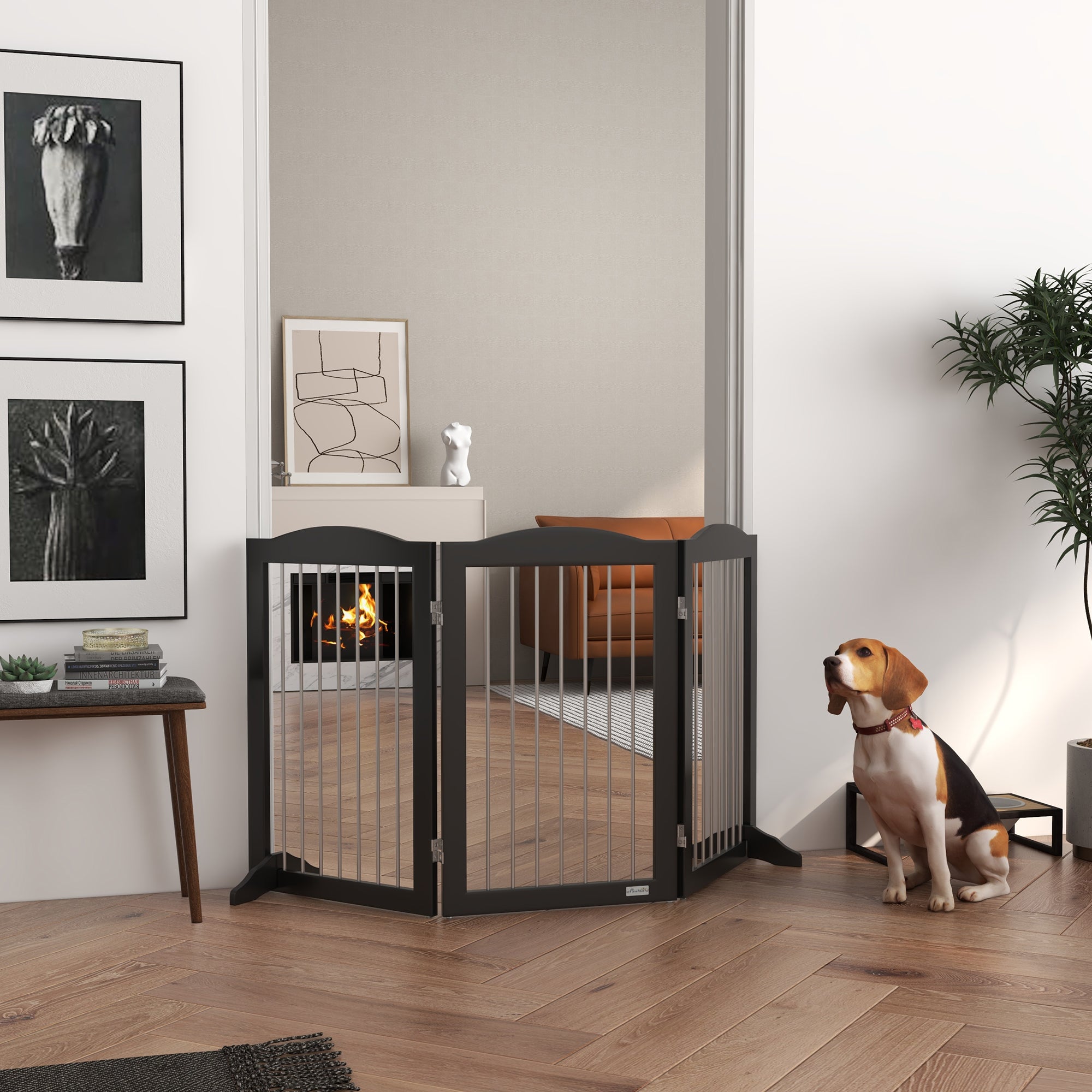 PawHut Foldable Dog Gate, Freestanding Pet Gate, Dog Barrier with Two Support Feet, for Doorways, Stairs, Halls - Black