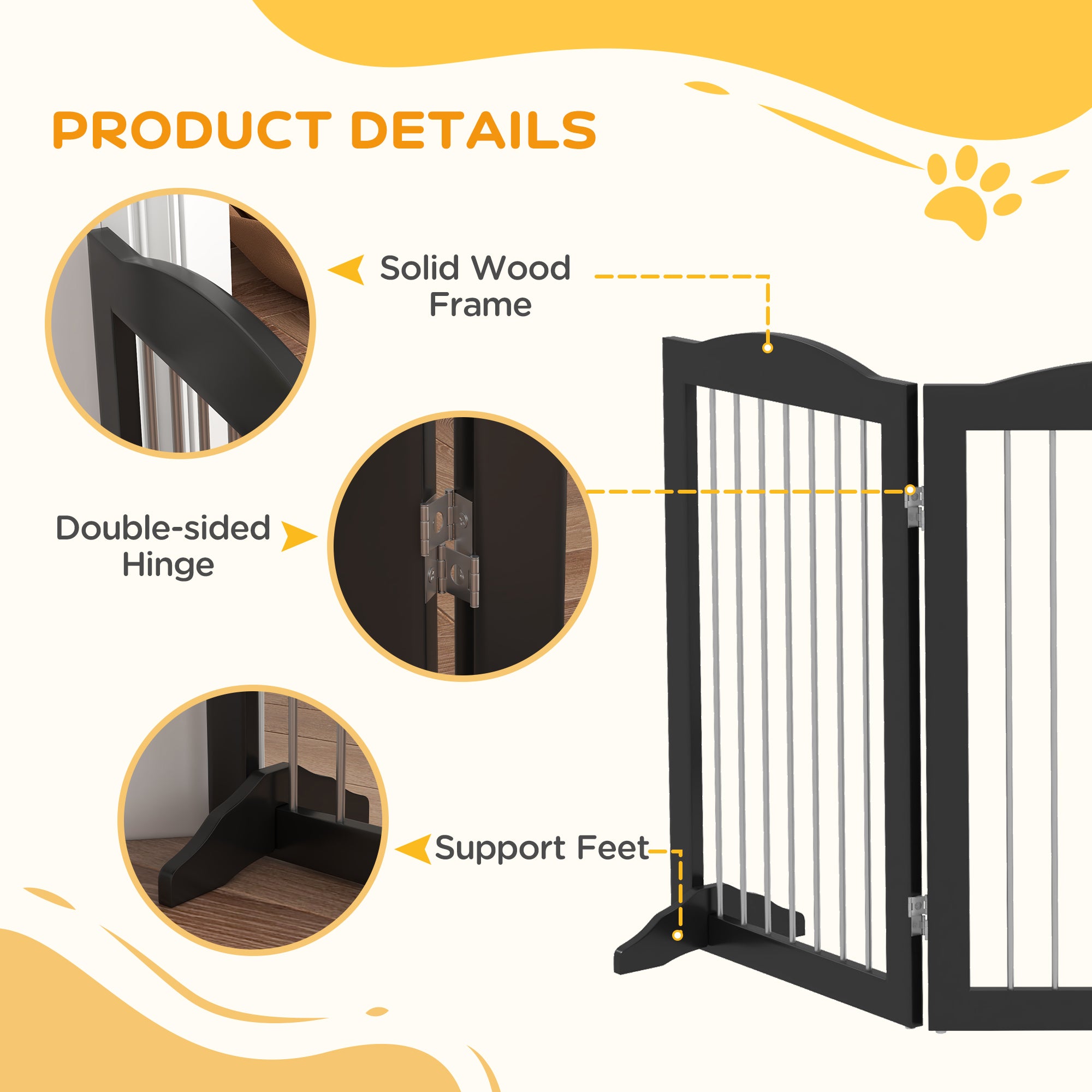 PawHut Foldable Dog Gate, Freestanding Pet Gate, Dog Barrier with Two Support Feet, for Doorways, Stairs, Halls - Black