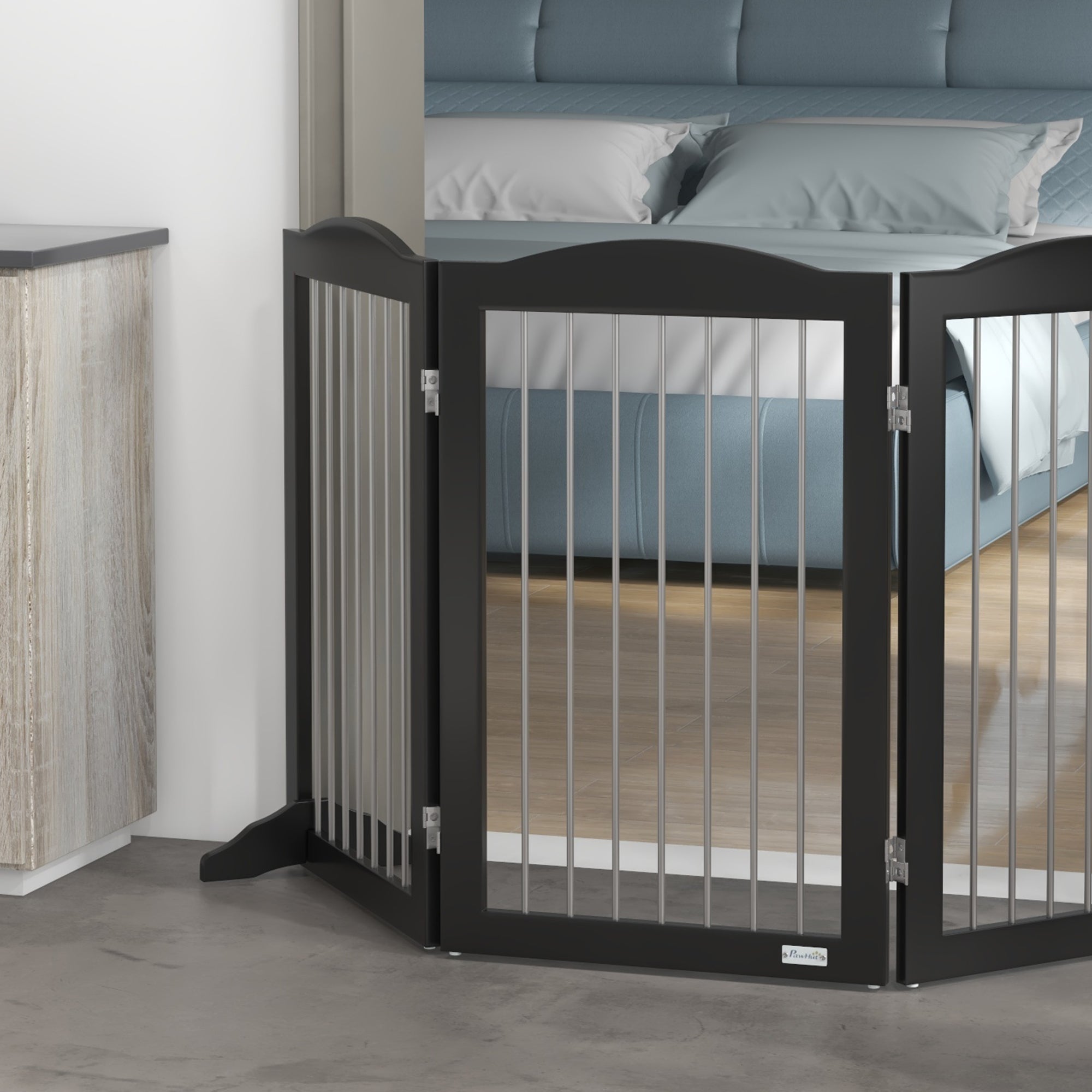 PawHut Foldable Dog Gate, Freestanding Pet Gate, Dog Barrier with Two Support Feet, for Doorways, Stairs, Halls - Black