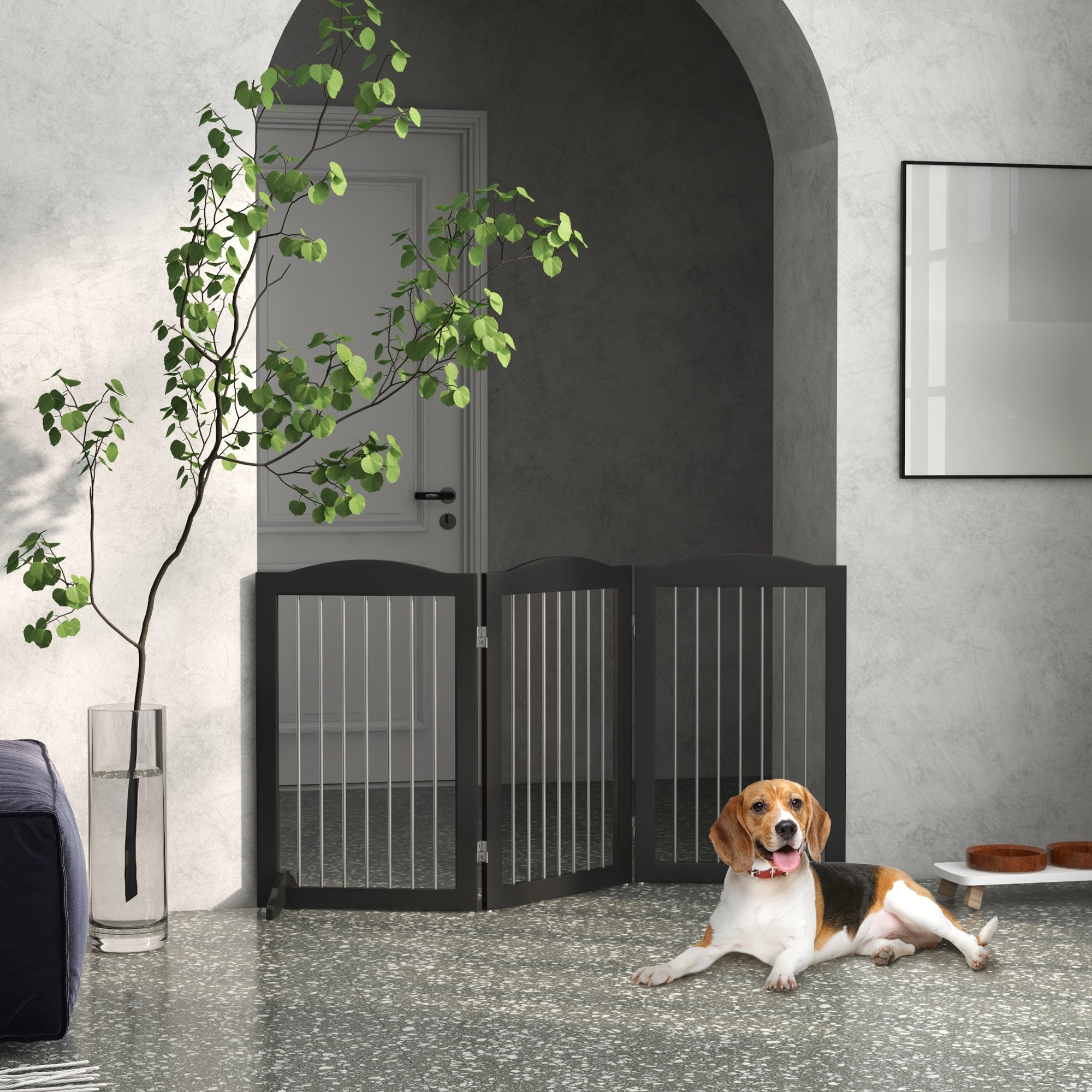 PawHut Foldable Dog Gate, Freestanding Pet Gate, Dog Barrier with Two Support Feet, for Doorways, Stairs, Halls - Black