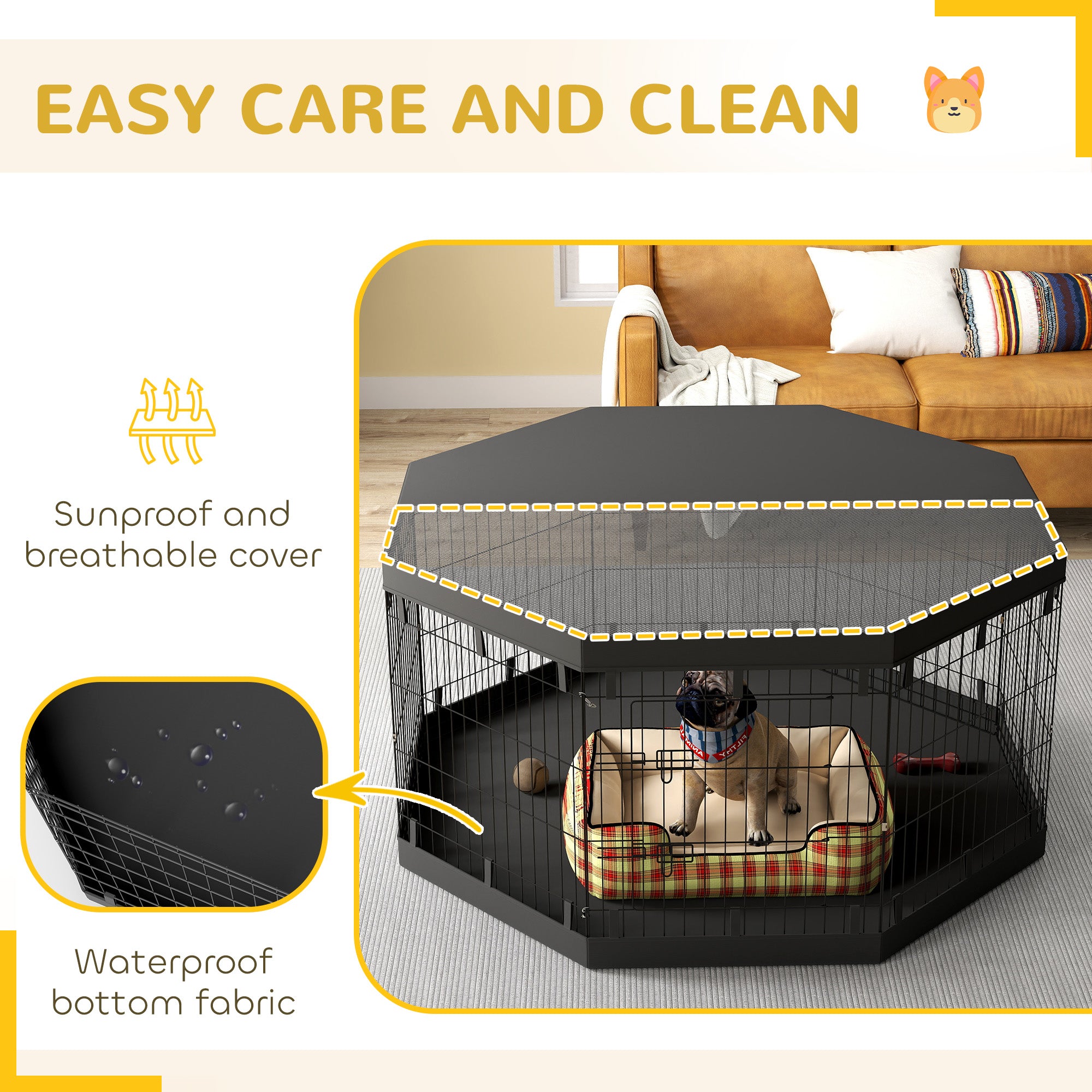 PawHut Dog Playpen, 8 Panels Foldable Dog Pen with Waterproof Bottom Pad, Sunproof Top Cover, 30"H Dog Fence for Indoor Outdoor, for Medium Small Dogs and Pets