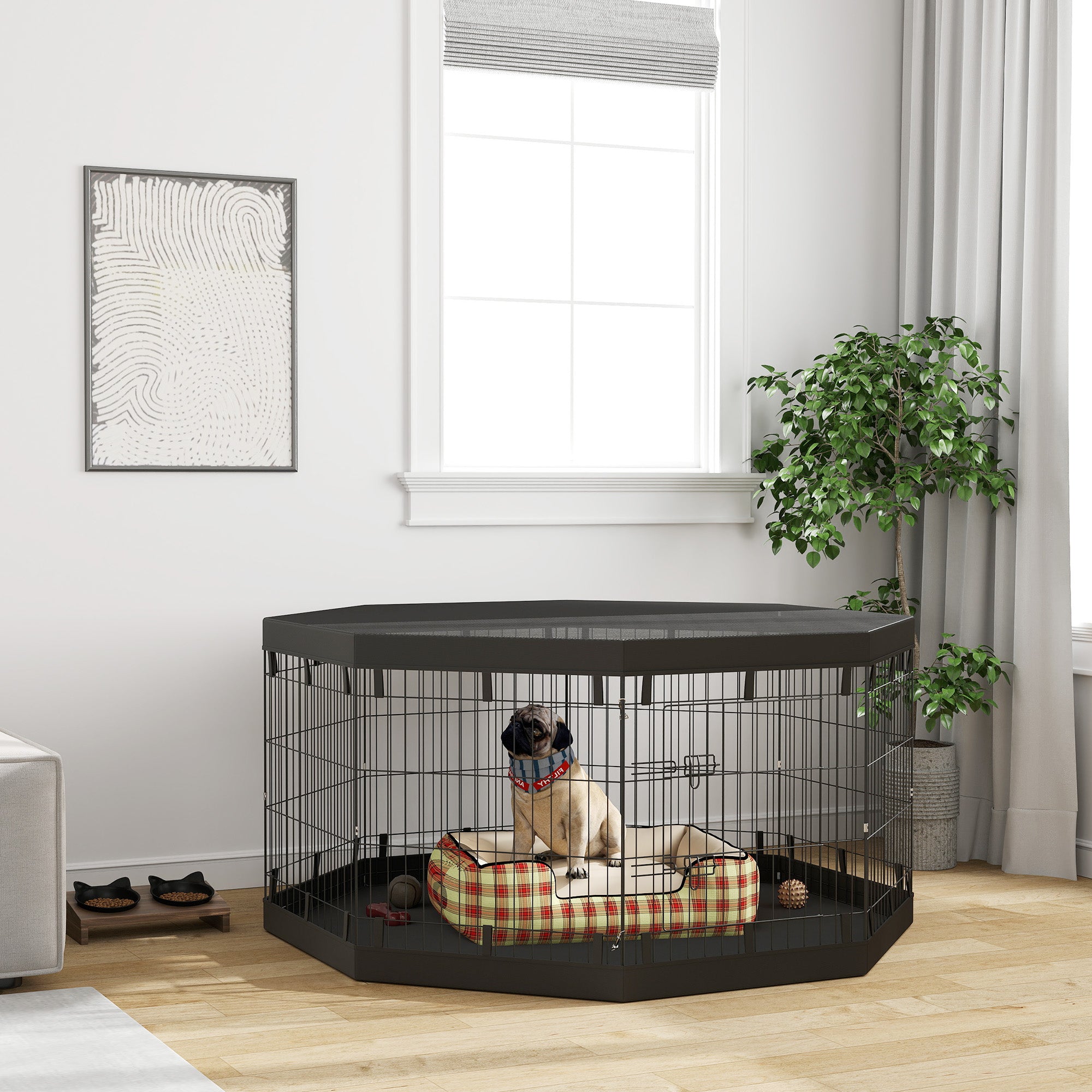 PawHut Dog Playpen, 8 Panels Foldable Dog Pen with Waterproof Bottom Pad, Sunproof Top Cover, 30