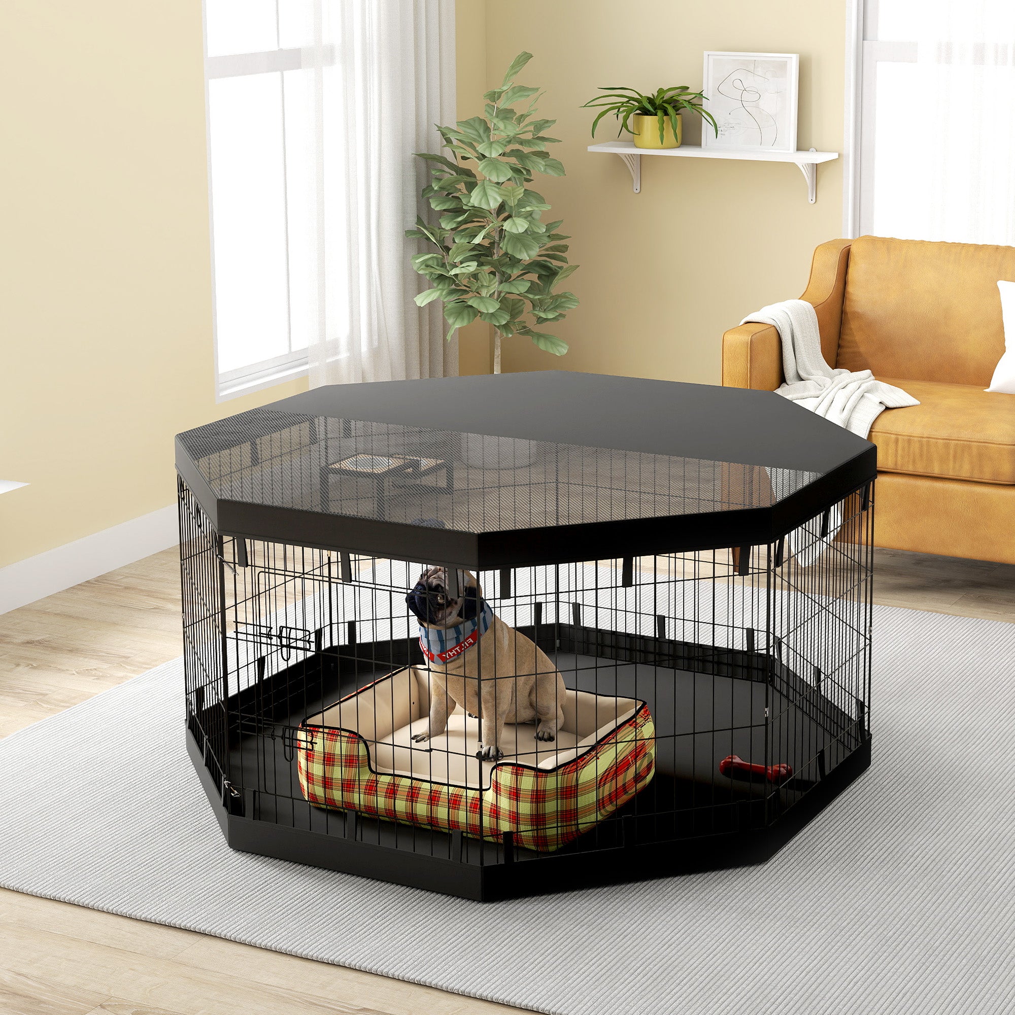 PawHut Dog Playpen, 8 Panels Foldable Dog Pen with Waterproof Bottom Pad, Sunproof Top Cover, 30"H Dog Fence for Indoor Outdoor, for Medium Small Dogs and Pets