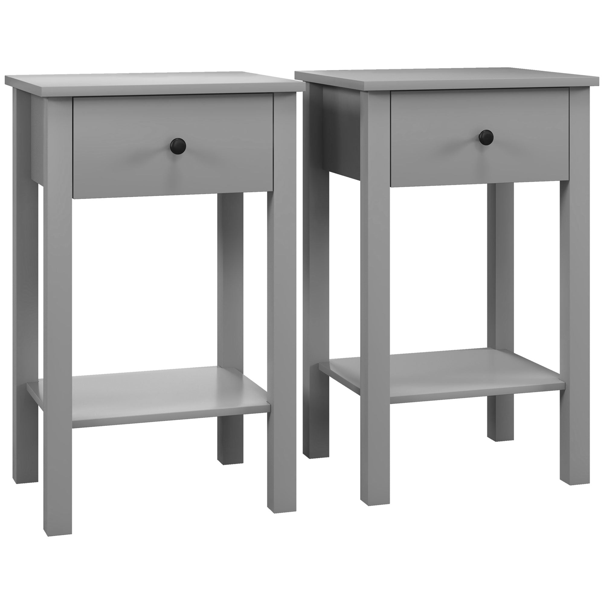 HOMCOM Side Table Set of 2, End Tables with Drawer and Bottom Shelf, 2-tier Nightstand for Bedroom, Living Room, Grey