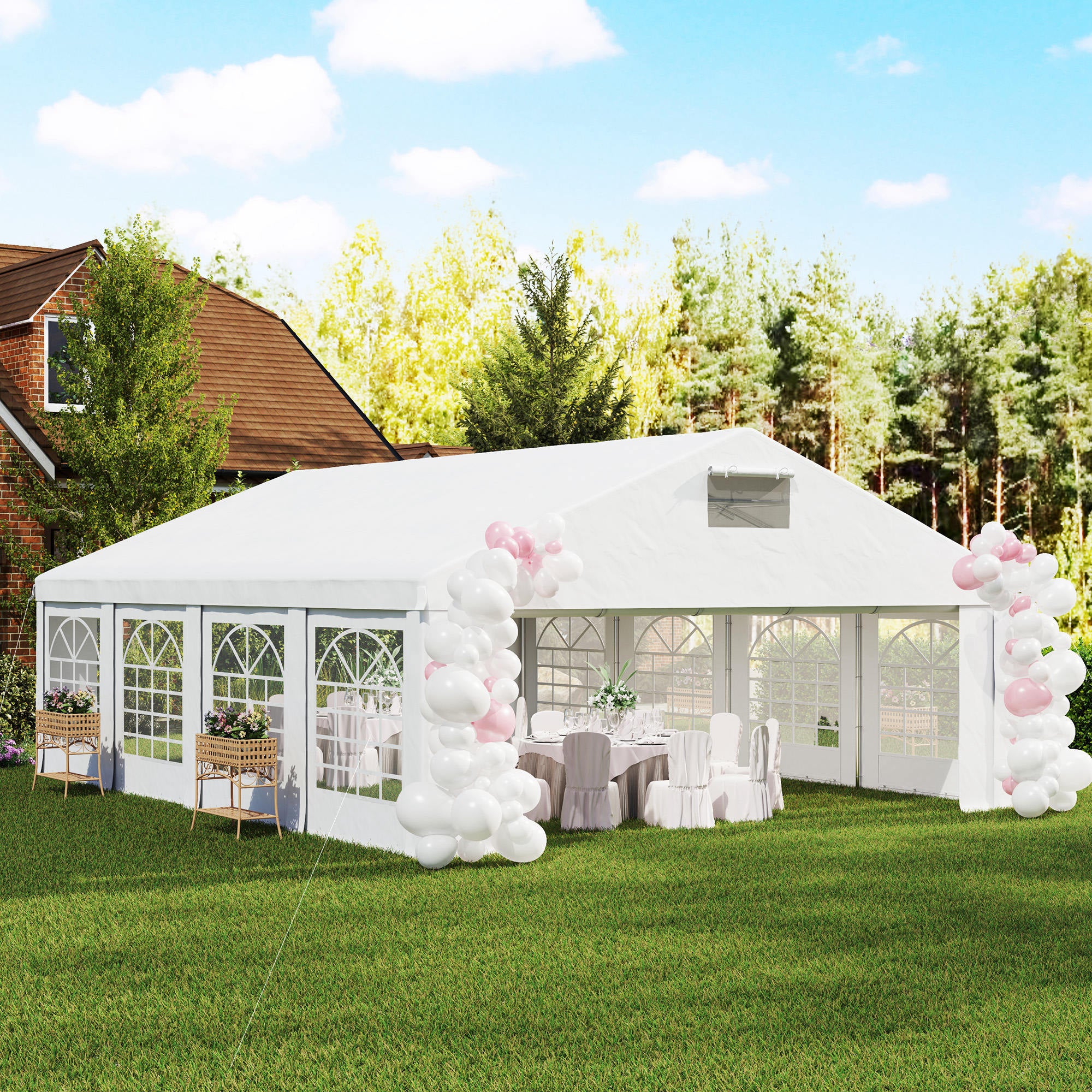 Outsunny 19.6' x 26' Party Tent and Carport, Heavy Duty Outdoor Canopy Tent with 8 Removable Window Sidewalls and Vents, UPF30+ Event Tent for Parties, Wedding, BBQ, White