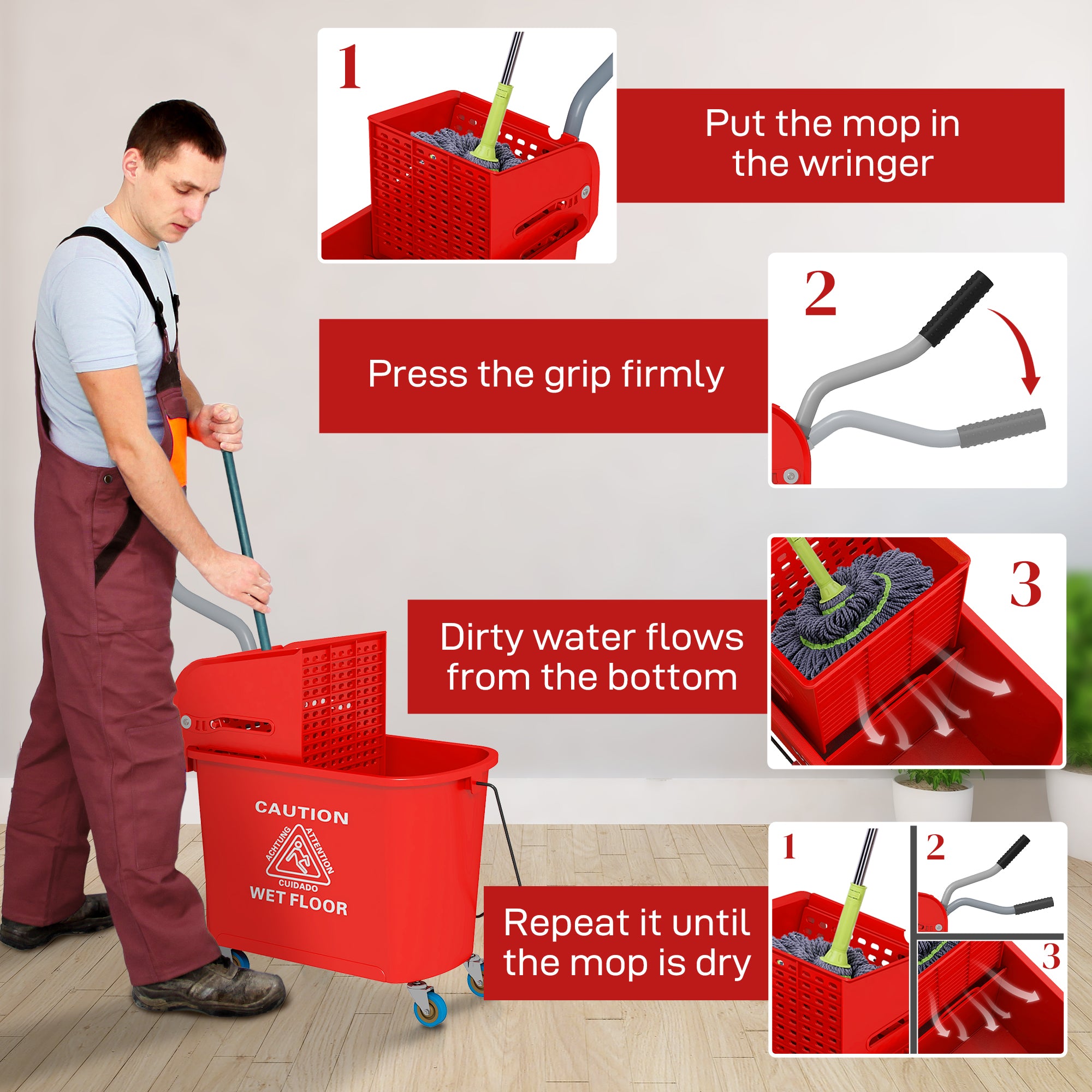 HOMCOM Mop Bucket with Wringer on Wheels for Floor Cleaning, 5 Gallon, Separate Dirty and Clean Water, Red
